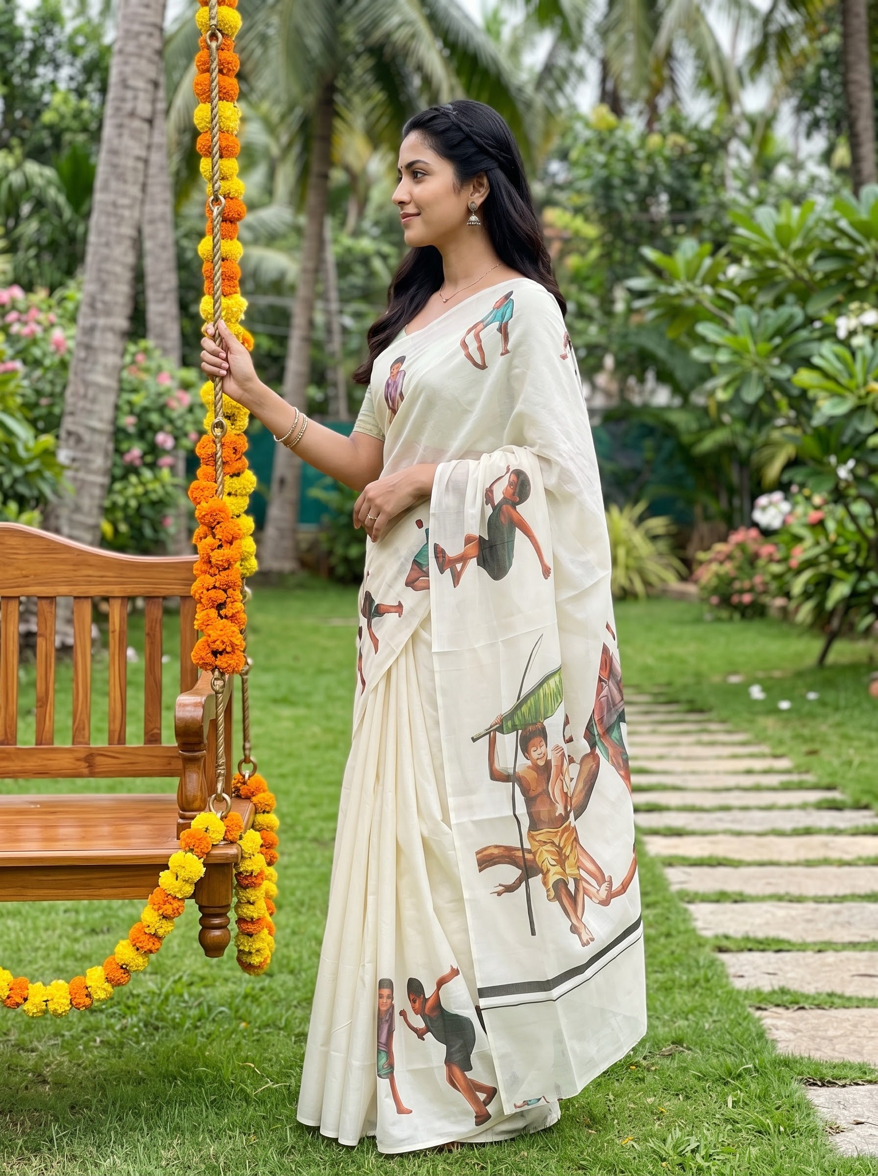 A woman wearing a cream-colored saree with traditional Indian folk art prints stands in a lush green garden next to a wooden swing decorated with orange and yellow marigold garlands.