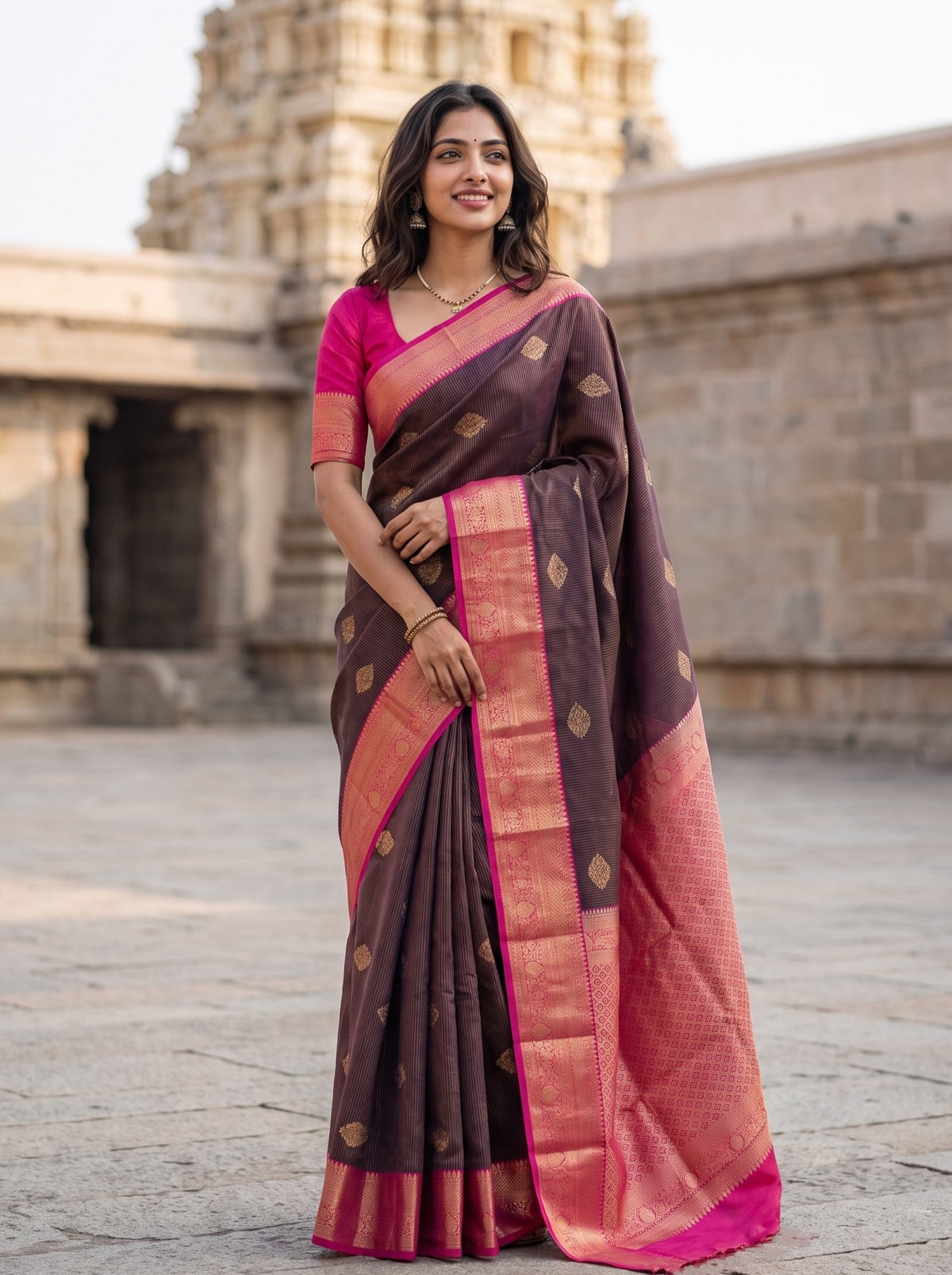 A woman wearing a dark brown and pink silk saree with gold zari work and a bright pink blouse, standing outdoors in front of a stone temple structure.