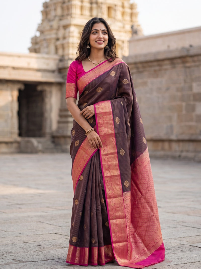 A woman wearing a dark brown and pink silk saree with gold zari work and a bright pink blouse, standing outdoors in front of a stone temple structure.