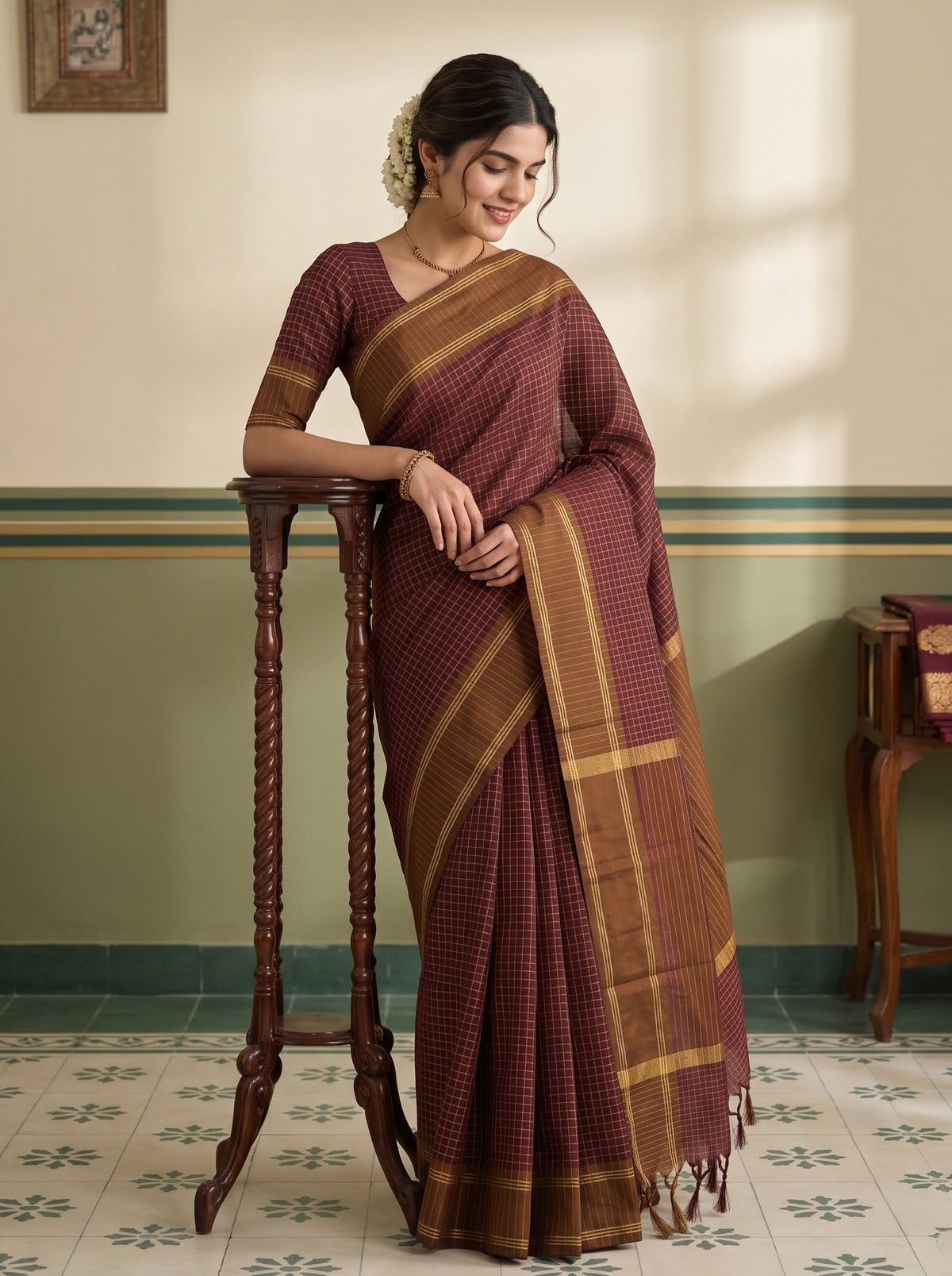 Semi Silk Maroon Golden Zari Checkered Pallu Saree with Brown Border