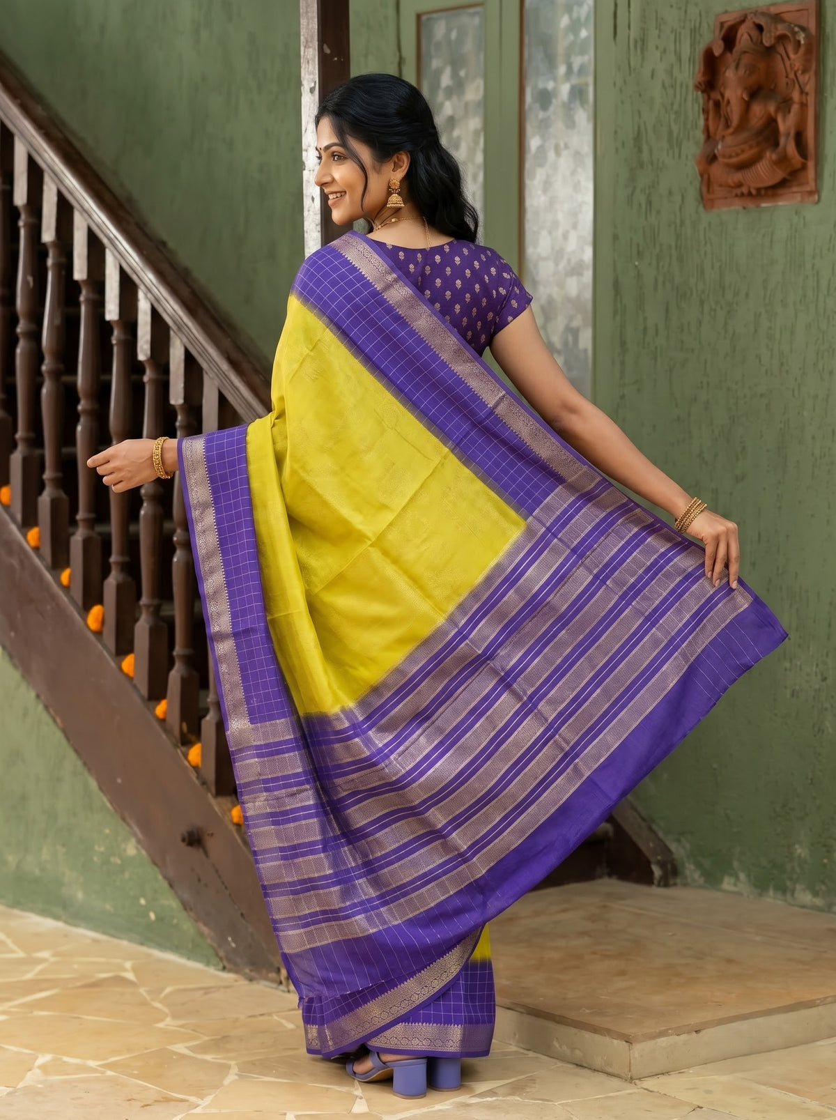 Semi Silk Mustard Saree with Purple Golden Zari Checks Pallu & Striped Zari Border