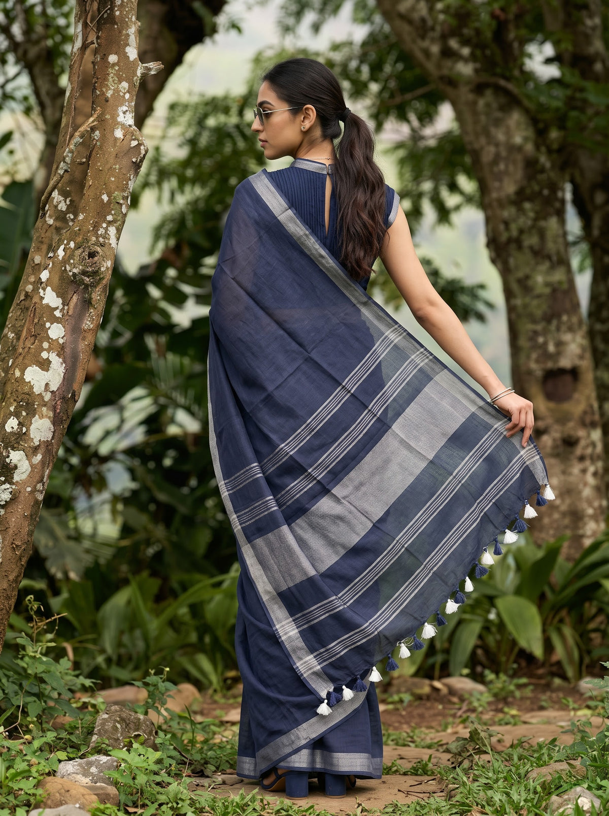 Linen Navy Blue Silver  Zari Striped Pallu Saree with Zari Border
