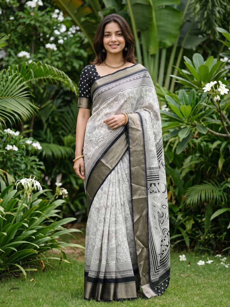 Woman wearing a traditional saree in a garden setting