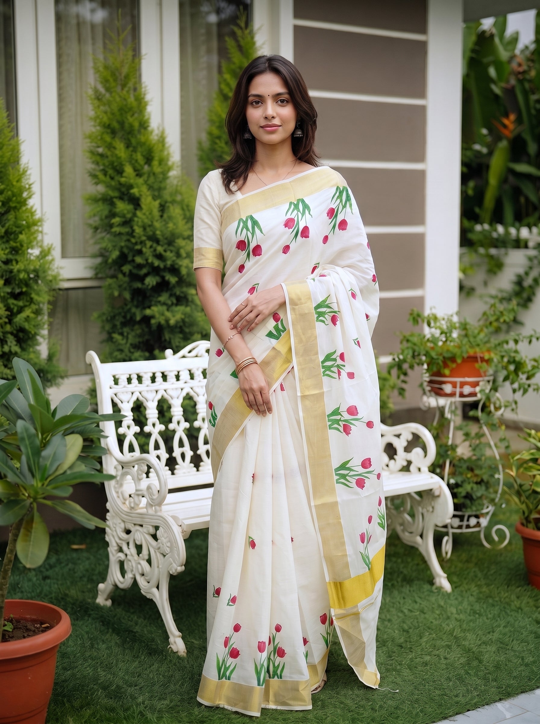 A woman wearing a white saree with pink tulip prints and gold borders, standing in a garden courtyard next to a white bench.