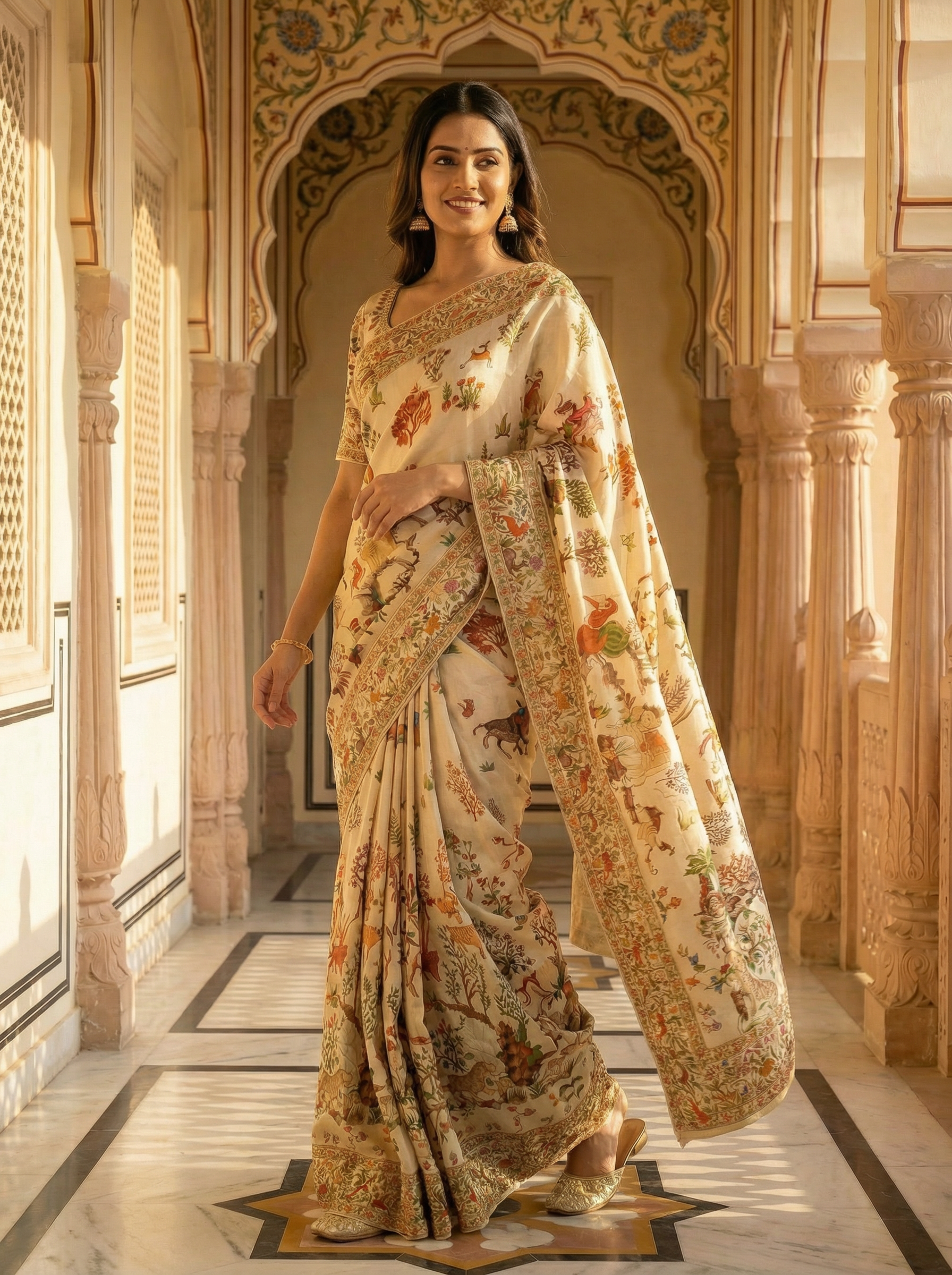Georgette Banarasi  Cream Multicolor Wildlife Printed Saree