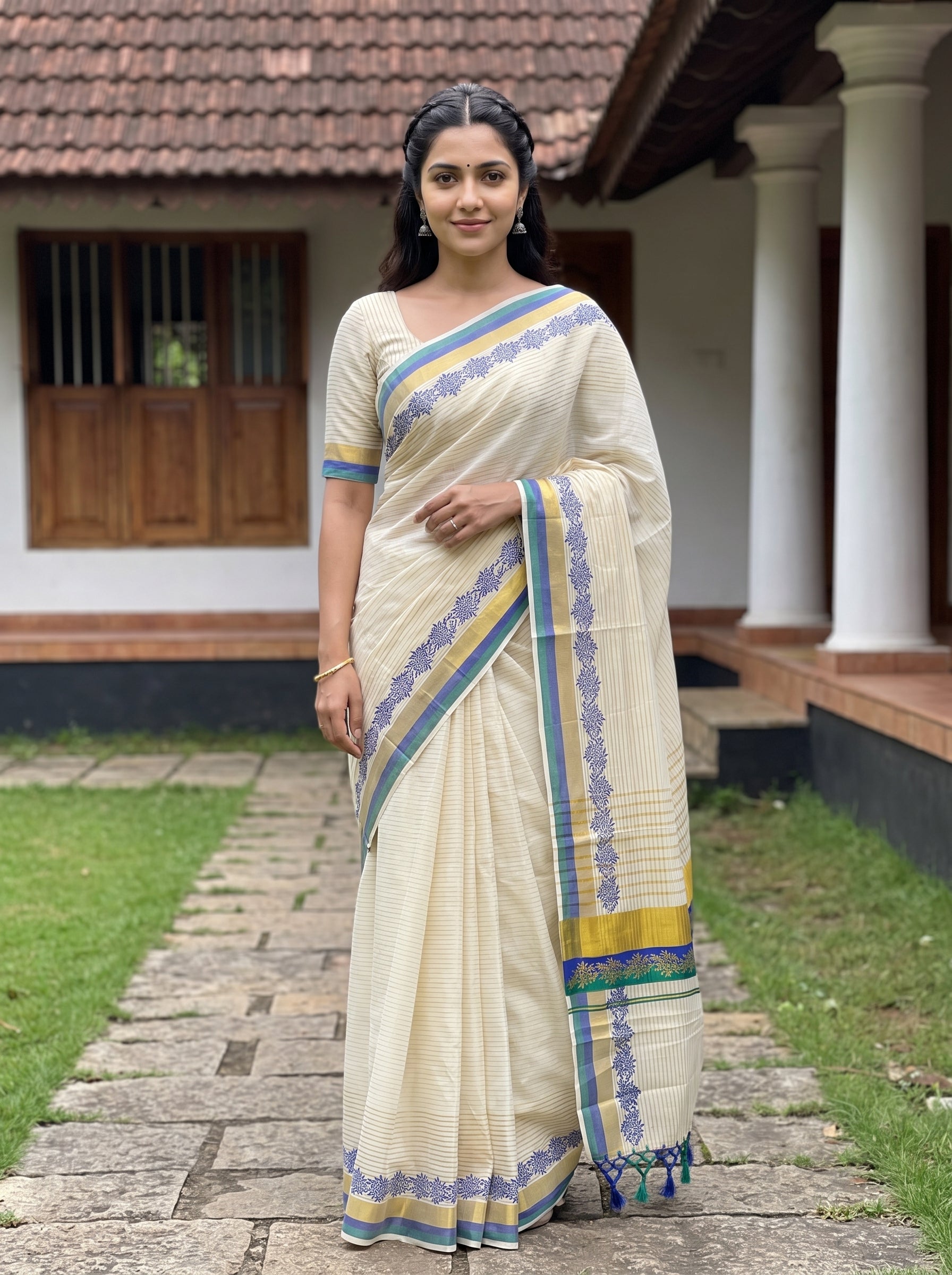Cotton Cream Gold Blue Green Floral Border Kerala Saree