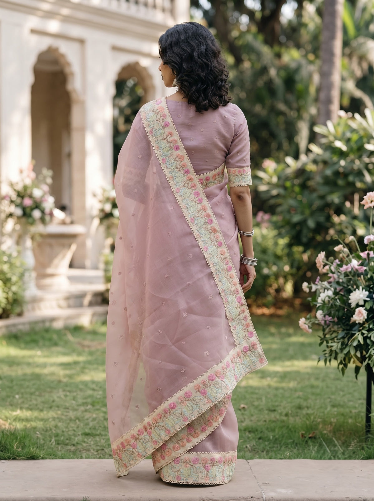 Organza Dusty Pink Saree with Multicolor Floral Border