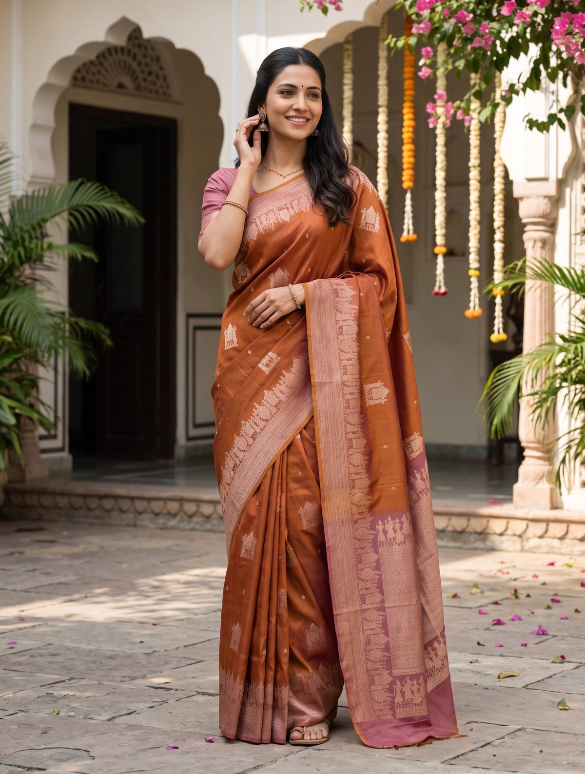 A woman wearing a rust-orange and dusty pink silk saree with traditional motifs, standing in a courtyard with arches and hanging garlands.