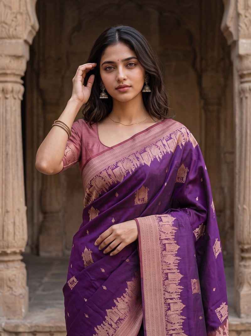 A woman wearing a purple silk saree with gold zari motifs and a matching mauve blouse, standing in front of a stone archway.