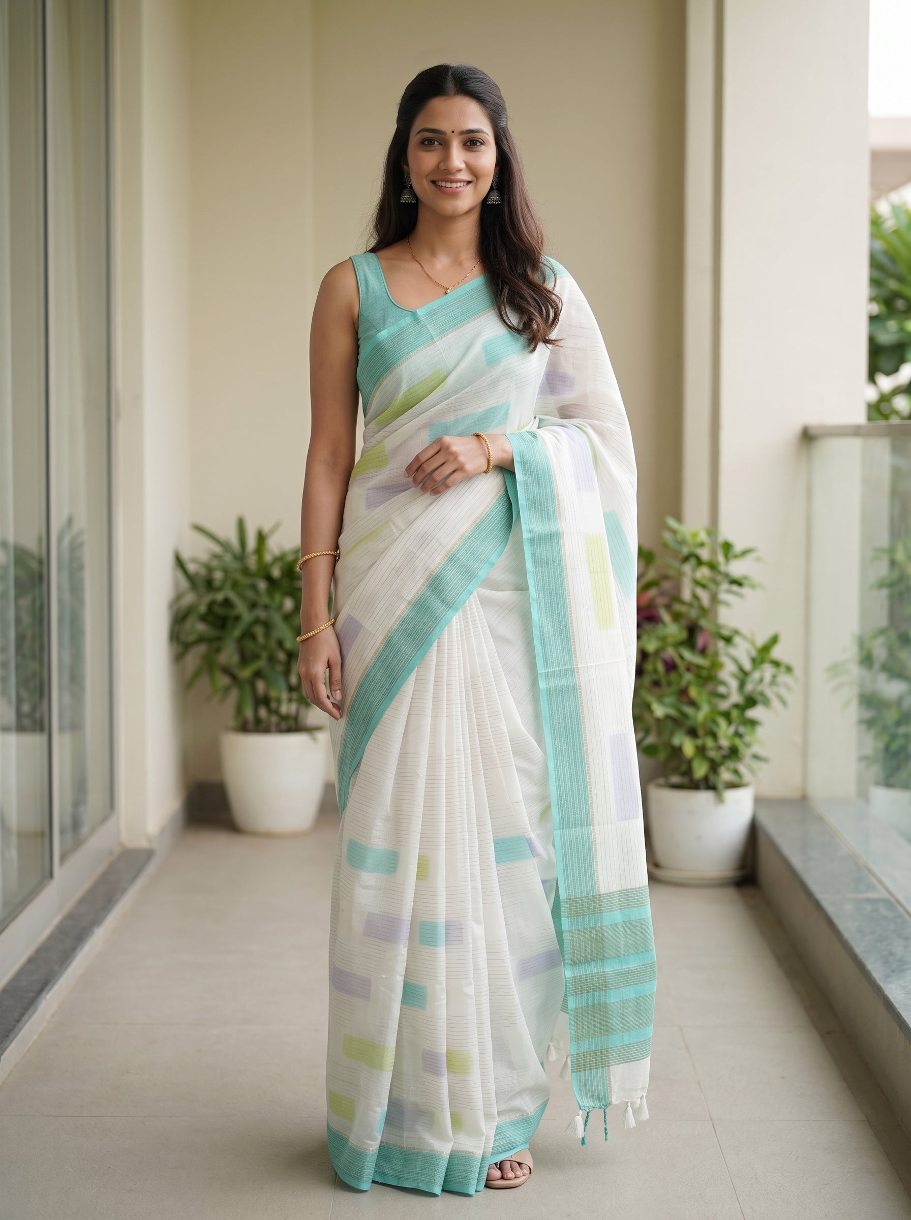 A woman modeling a white and mint green saree with pastel stripes, standing on a modern balcony with potted plants in the background.