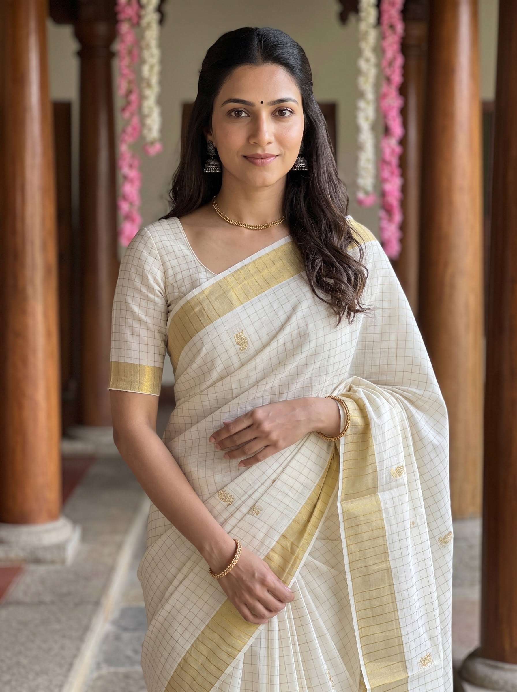 A woman wearing a cream-colored saree with a subtle grid pattern and a golden-yellow border, standing in a corridor with wooden pillars.