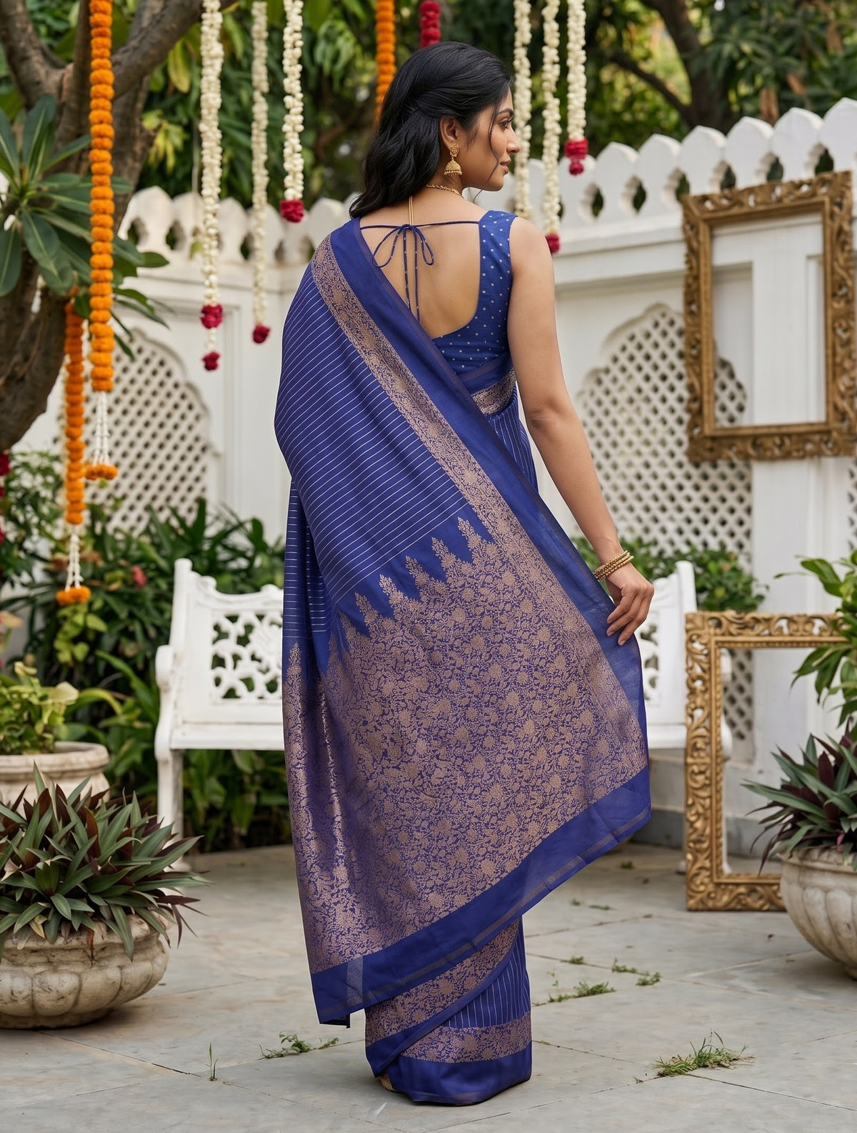 Semi Silk Navy Blue Saree with Zari Floral Vine Pallu and Striped Body
