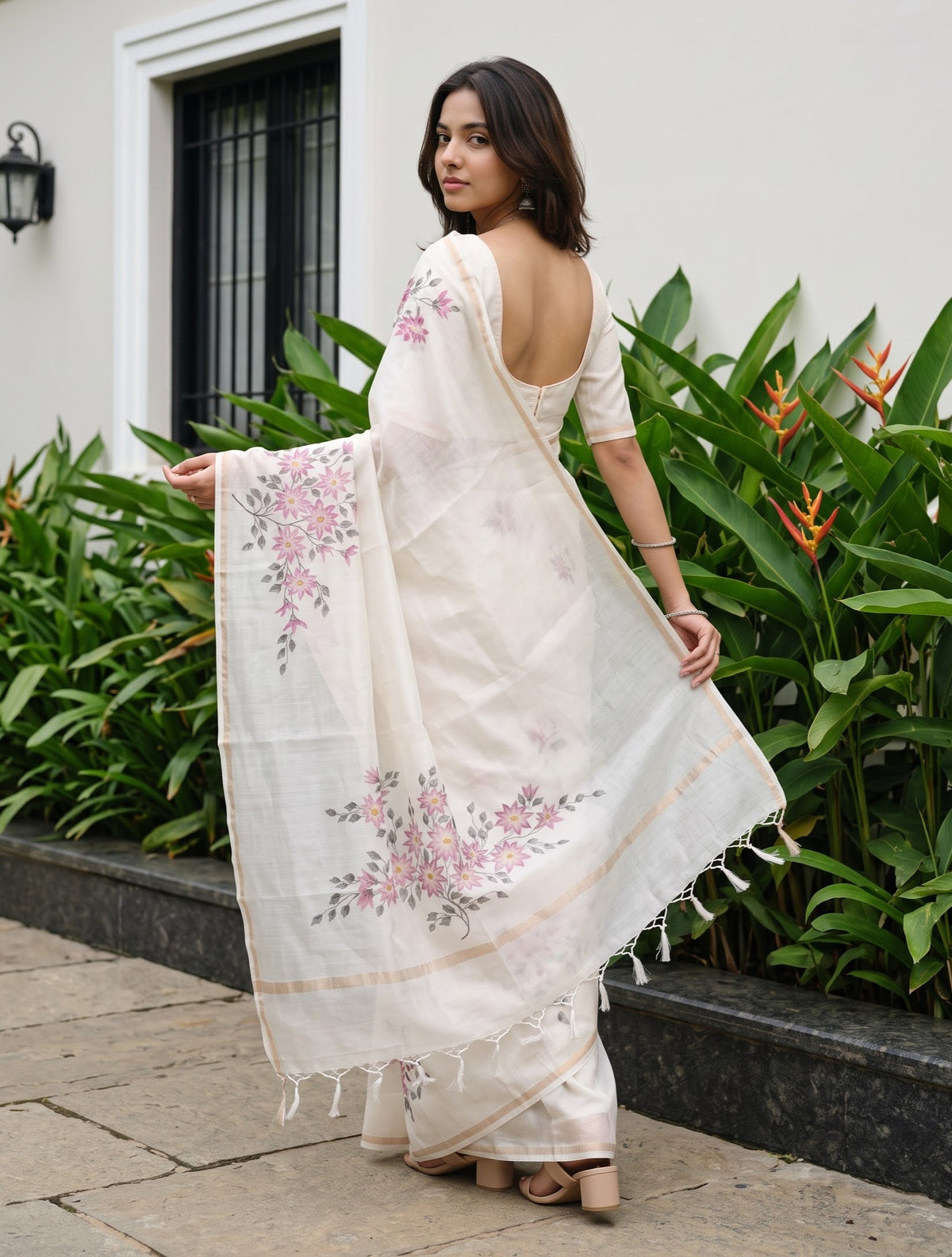 Chanderi Off-White Saree with Hand Painted Pink Floral Print and Golden Zari Border