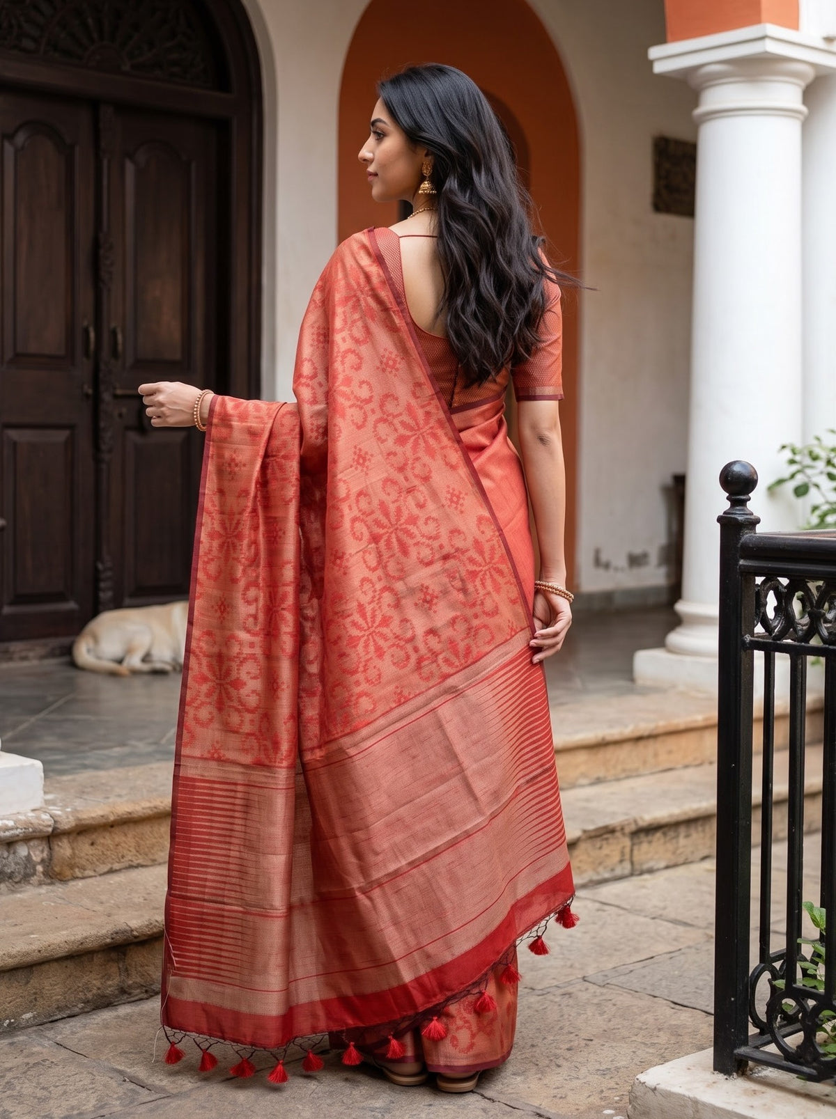 Matka Silk Red Golden Zari Floral Motif Striped Pallu
