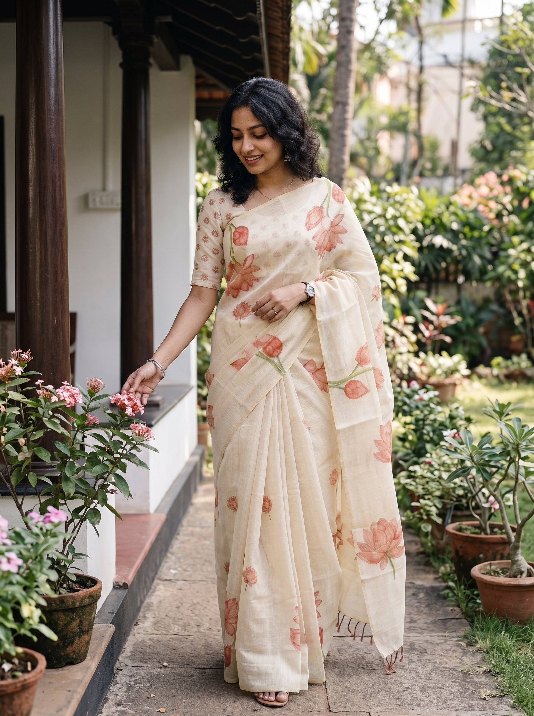 A woman wearing a cream-colored saree with pink floral prints stands on a garden path next to a house. The saree has a matching printed blouse, and the background features green plants and potted flowers.