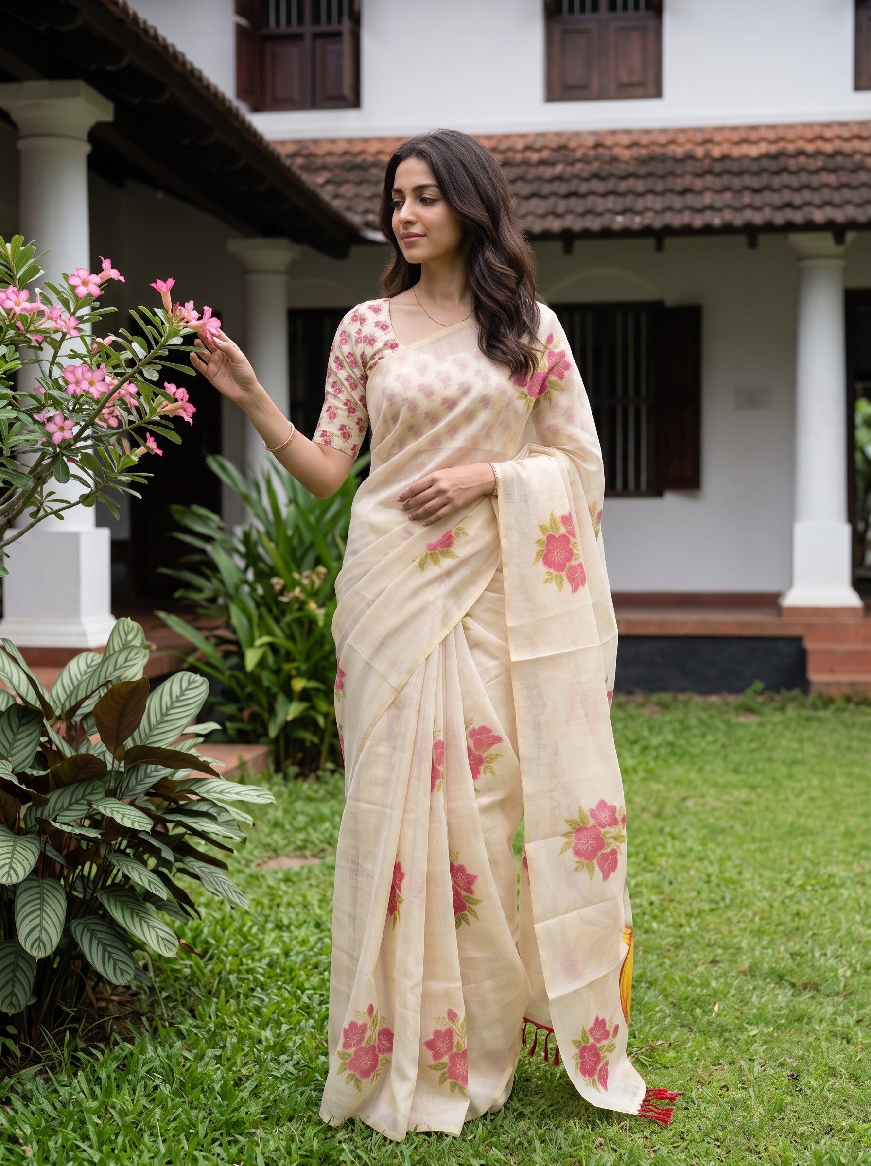 A woman wearing a light beige saree with pink floral prints and a matching printed blouse, standing in a garden courtyard in front of a white house with columns.