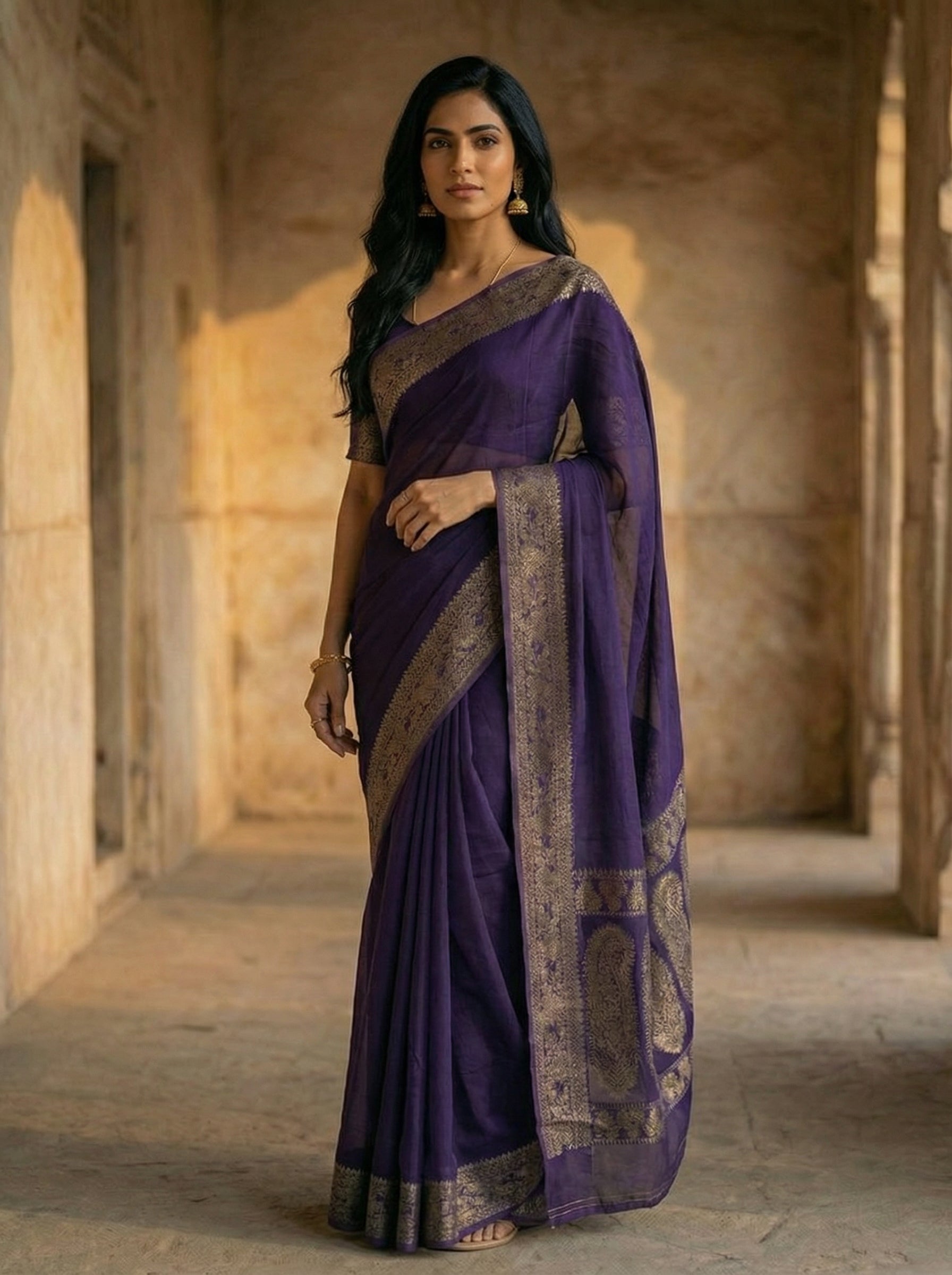 Georgette Banarasi  Royal Purple Zari Border Saree