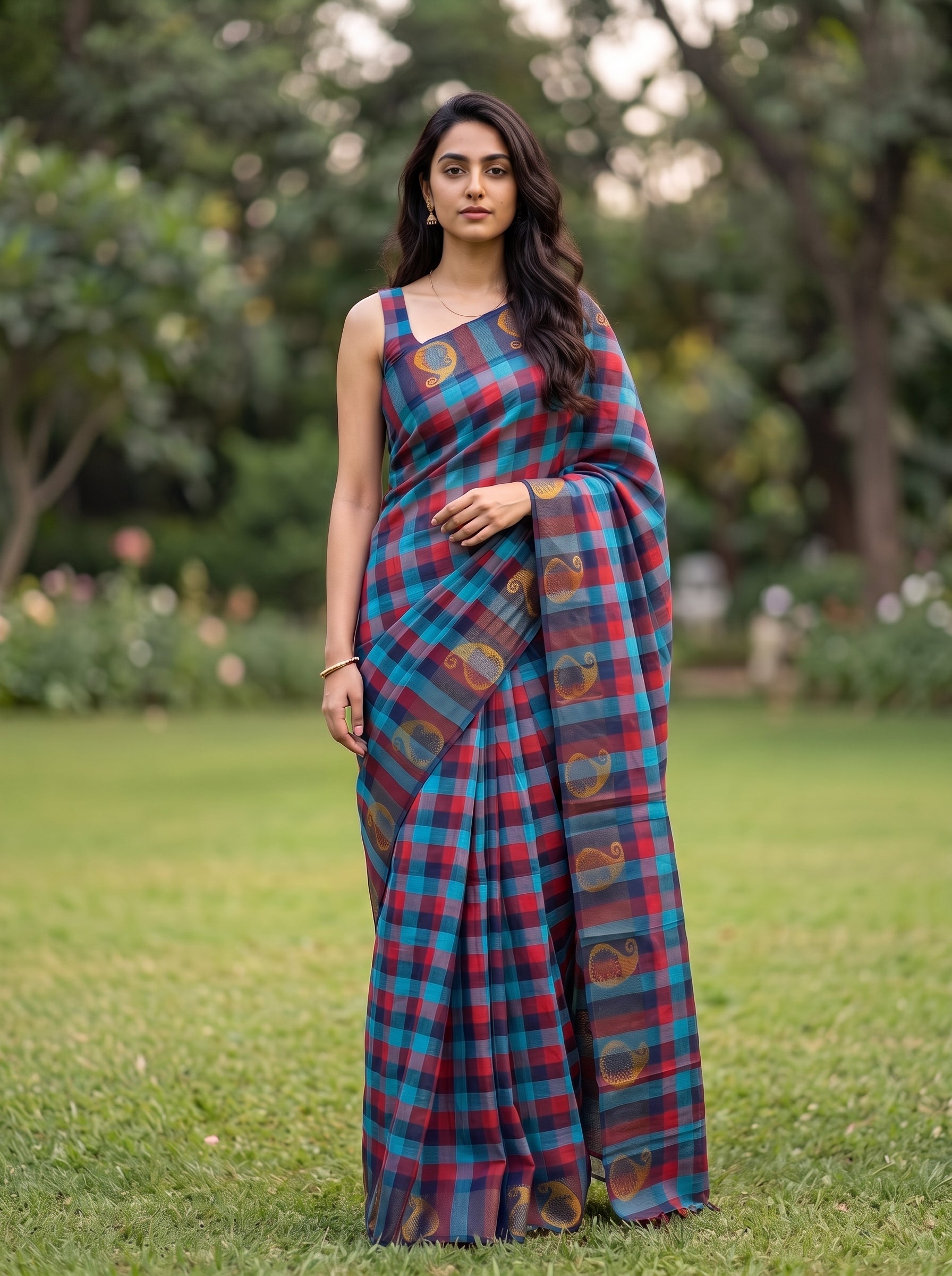 A woman wearing a blue and red plaid saree with gold motifs stands outdoors on a grassy lawn with trees in the background.