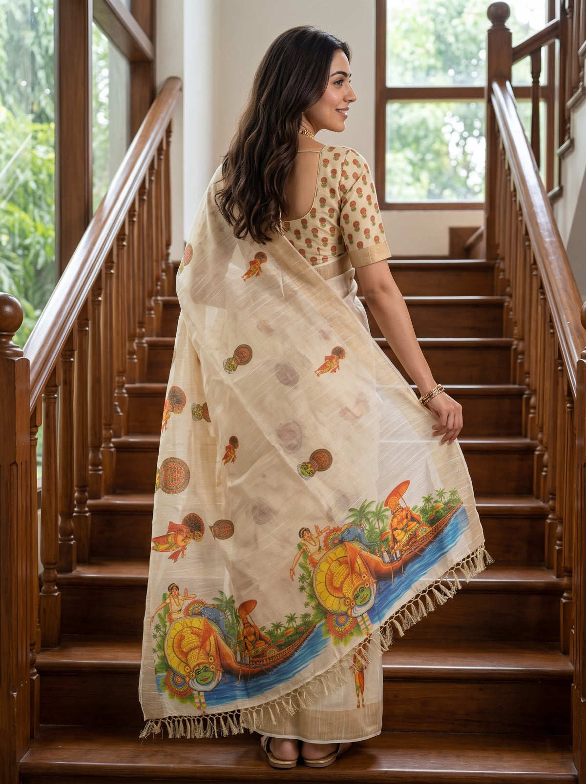 A woman stands on wooden stairs wearing a cream-colored printed saree with a matching printed blouse. The saree features colorful tropical and floral motifs, including a prominent boat illustration near the border.