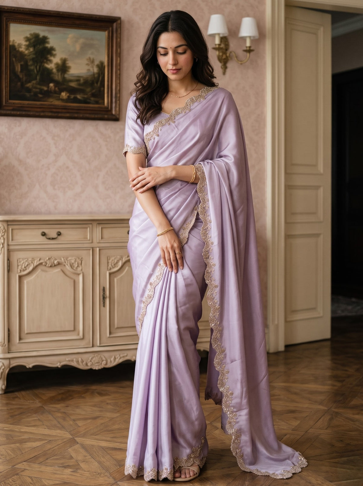Satin Lavender Saree with Floral Vine Stone Work Scalloped Border