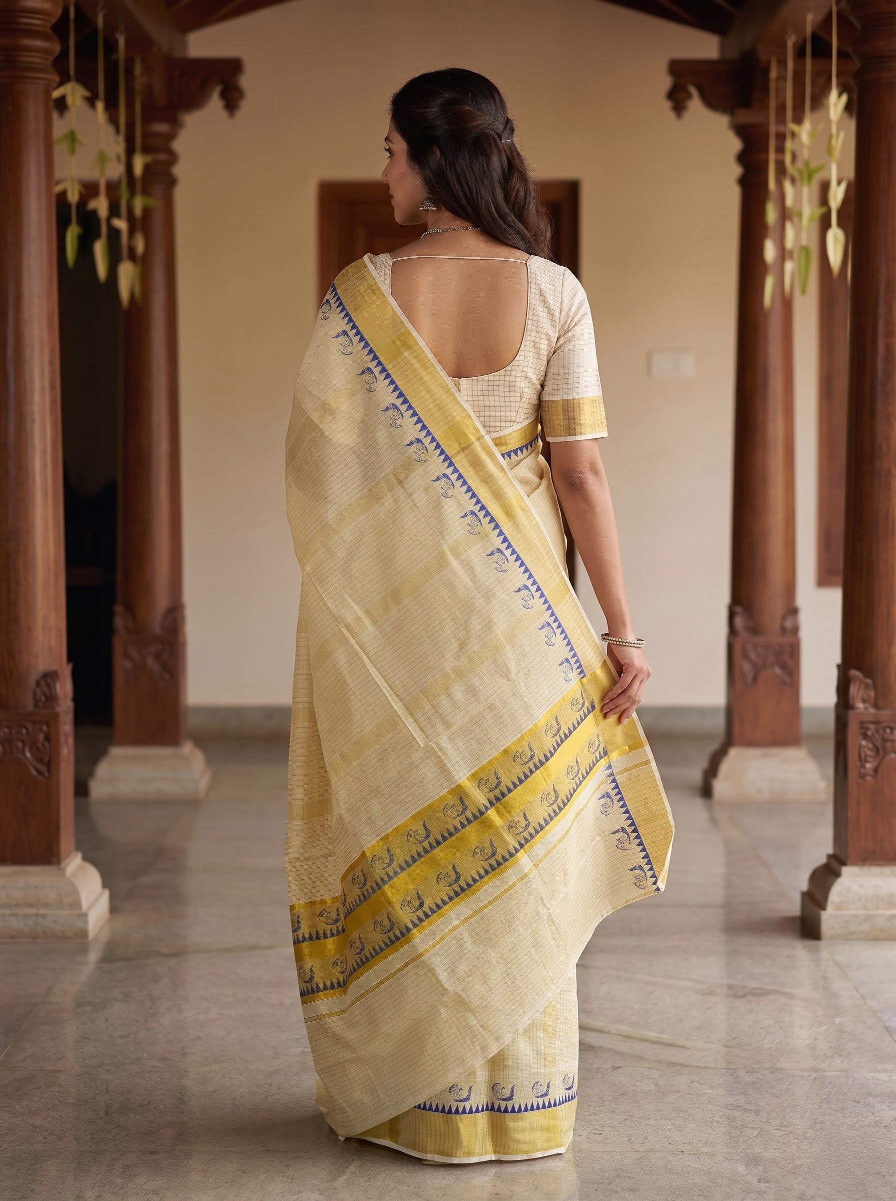 Tissue Cream Blue Bird Motif Border Onam Kerala Saree