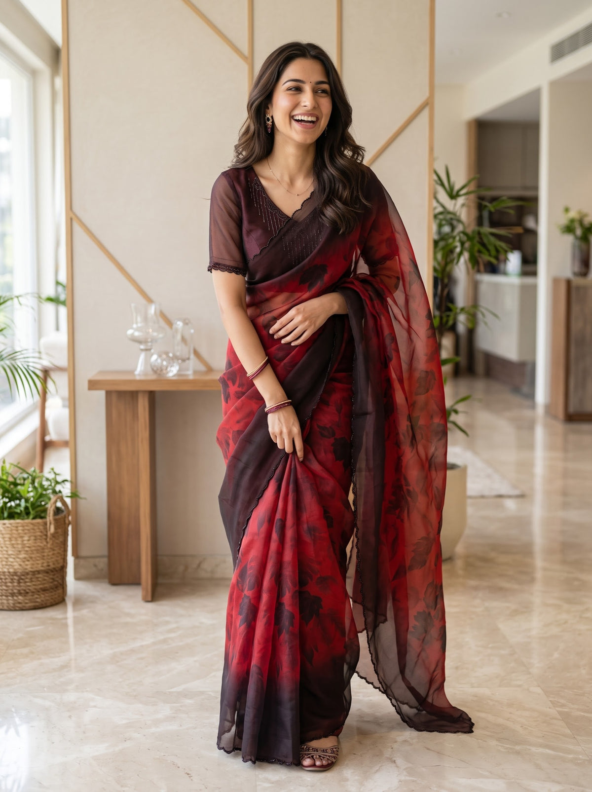 Organza Red Black Ombre Saree with Large Leaf Print and Scalloped Beaded Border
