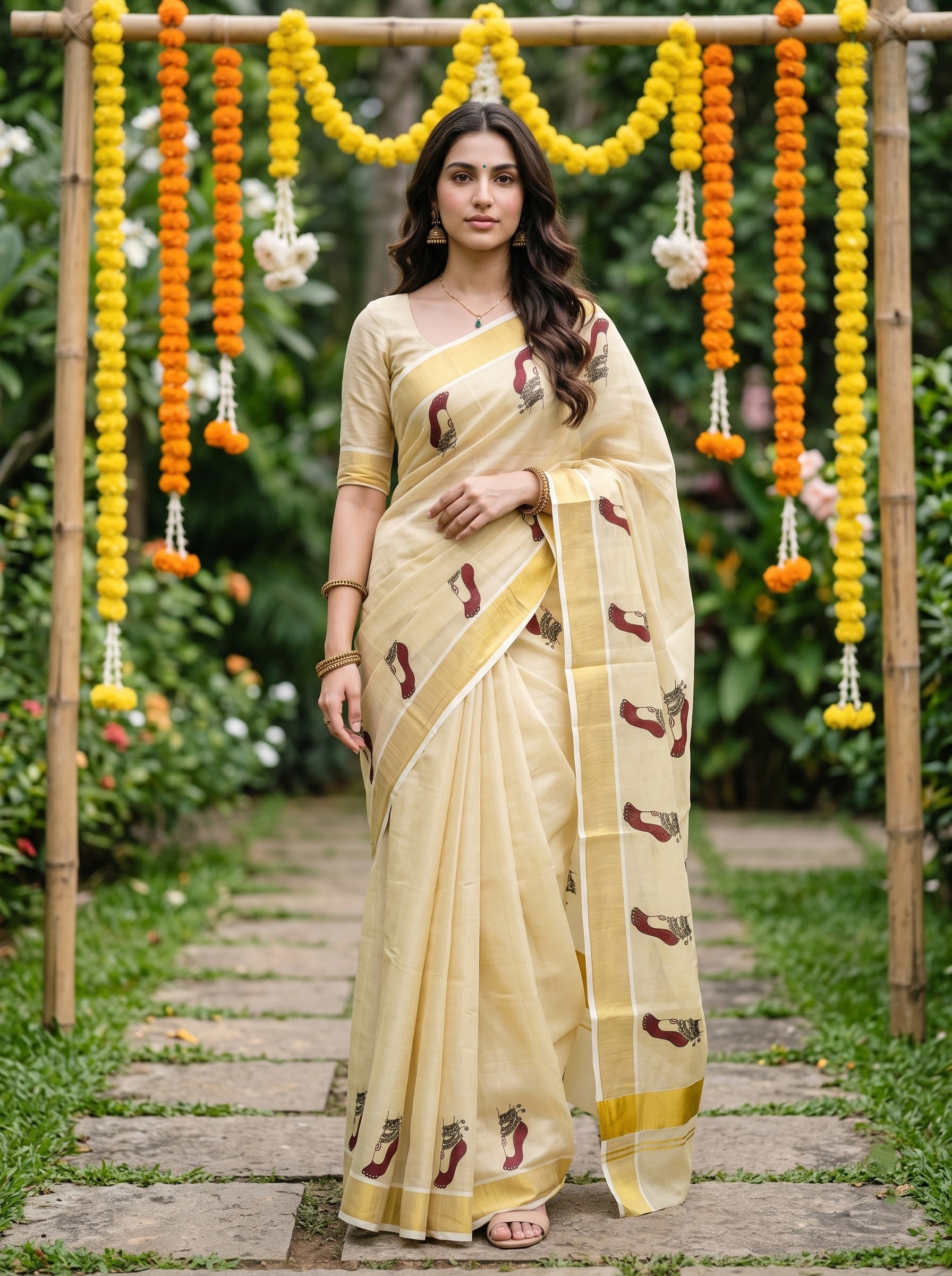 Tissue Golden Feet Motif Print with Golden Zari Border Onam Special Traditional Kerala Saree