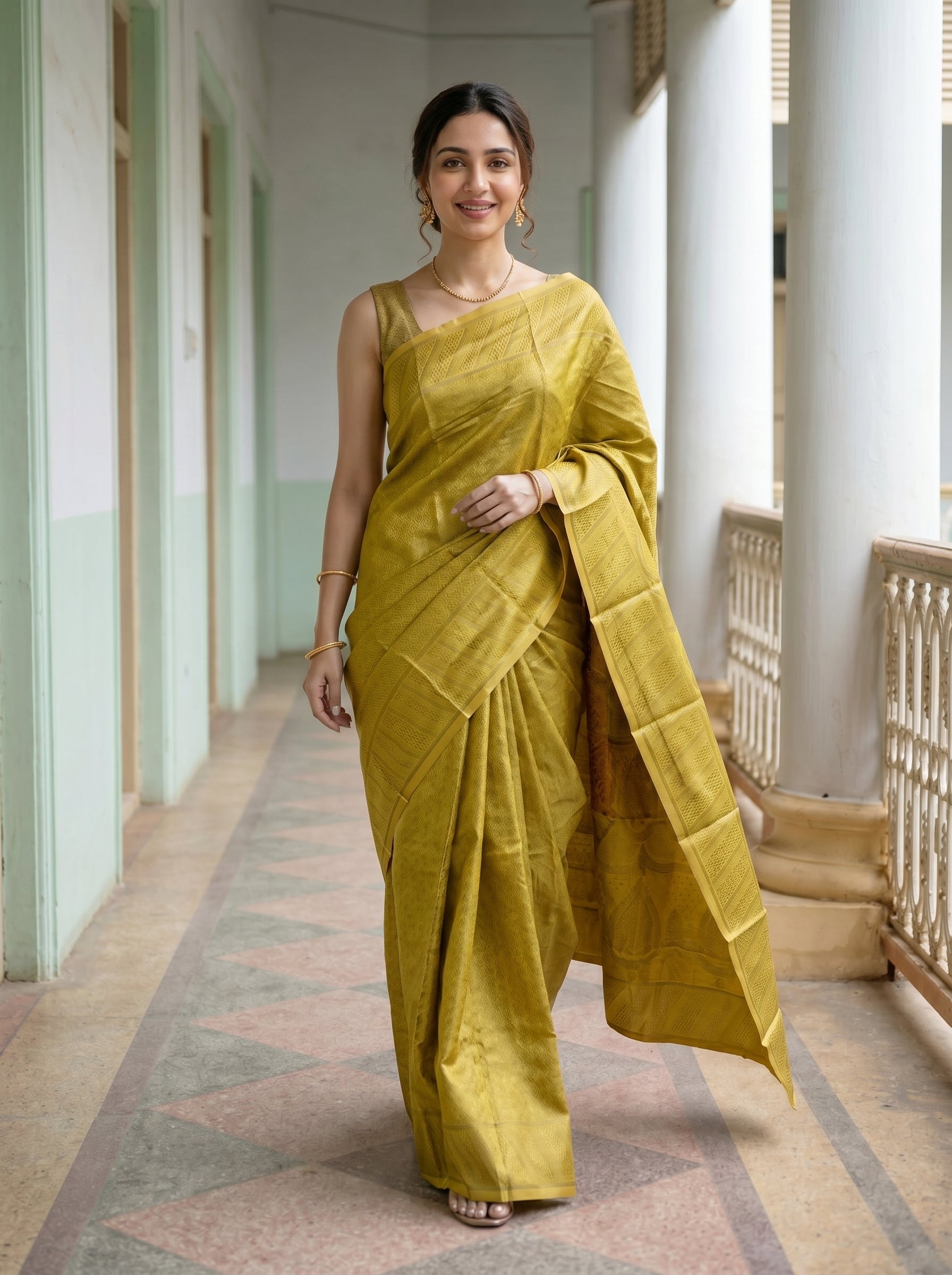 Woman in a yellow saree standing in a hallway with columns.