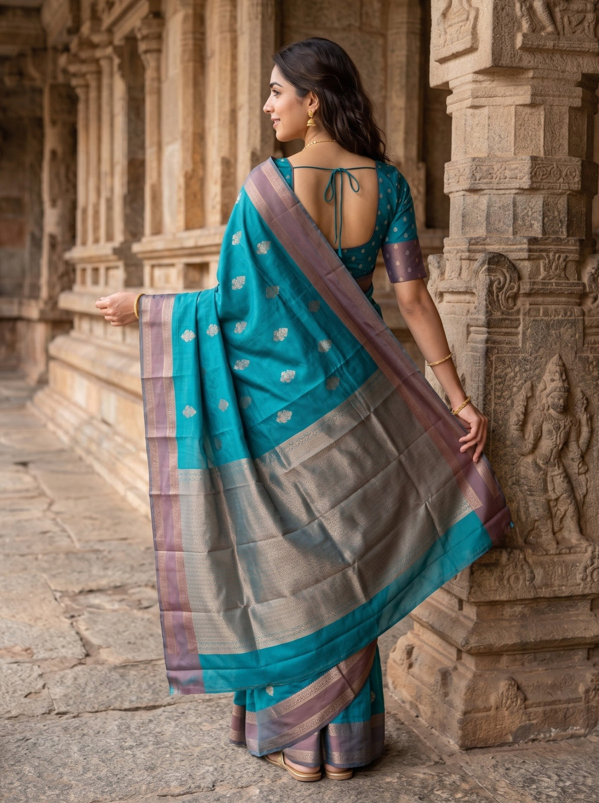 Semi Silk Teal Green Saree with Silver Zari Woven Pallu, Floral Buttas and Contrast Maroon Border
