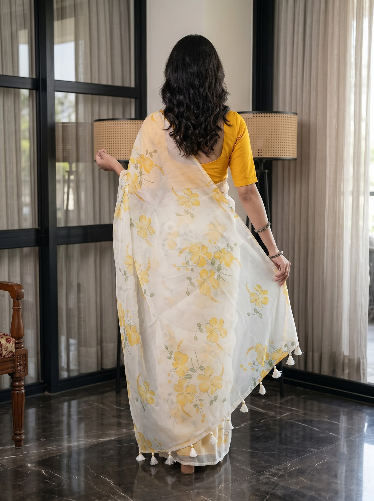 Organza White Yellow Hibiscus Floral Print Saree with Tassels
