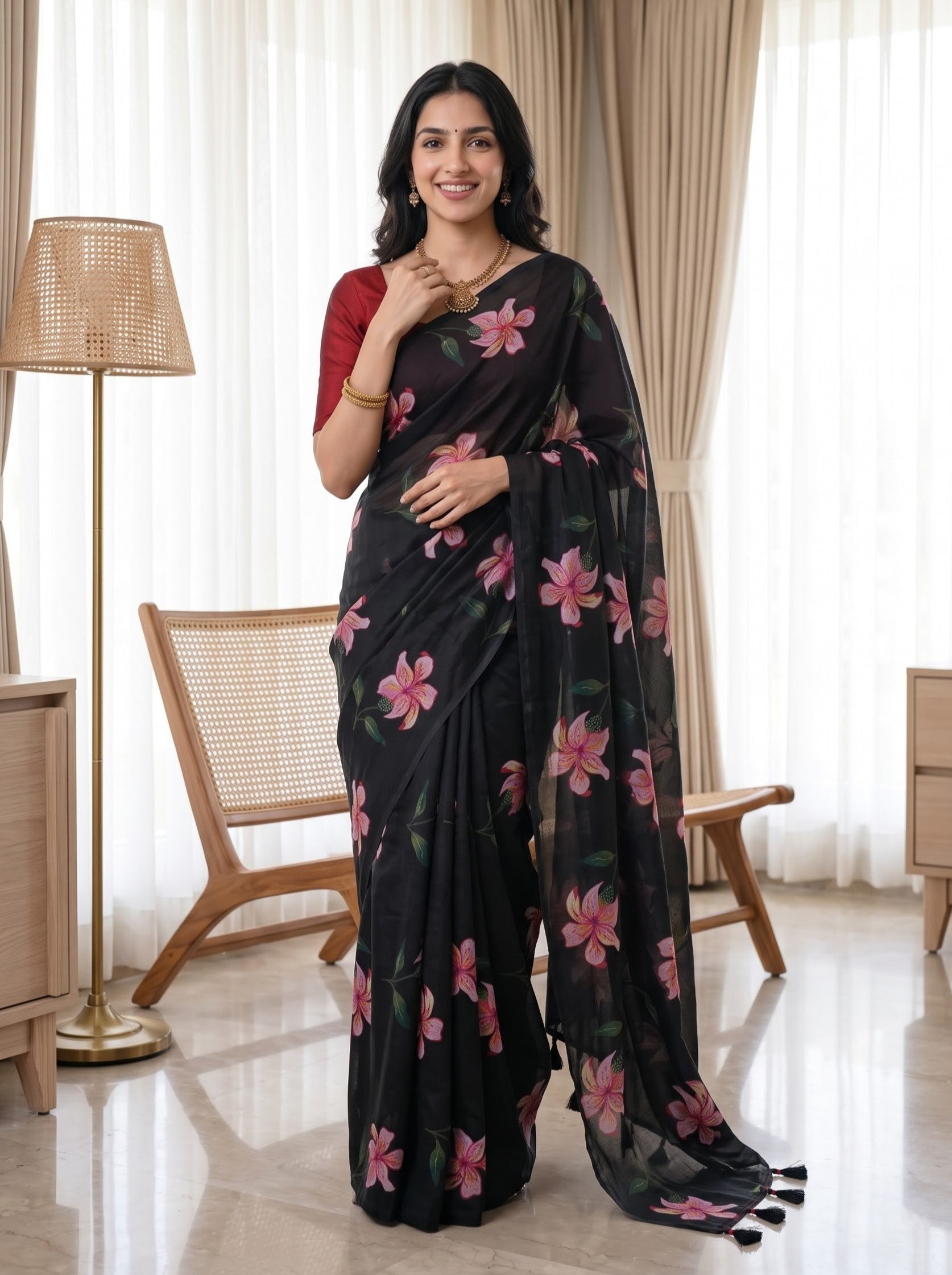 Organza Black Pink Lily Floral Print Saree with Tassels