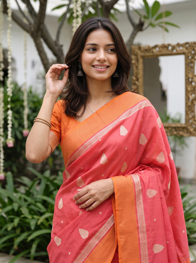 A woman wearing a coral pink and orange saree with gold leaf motifs, standing in a garden setting.