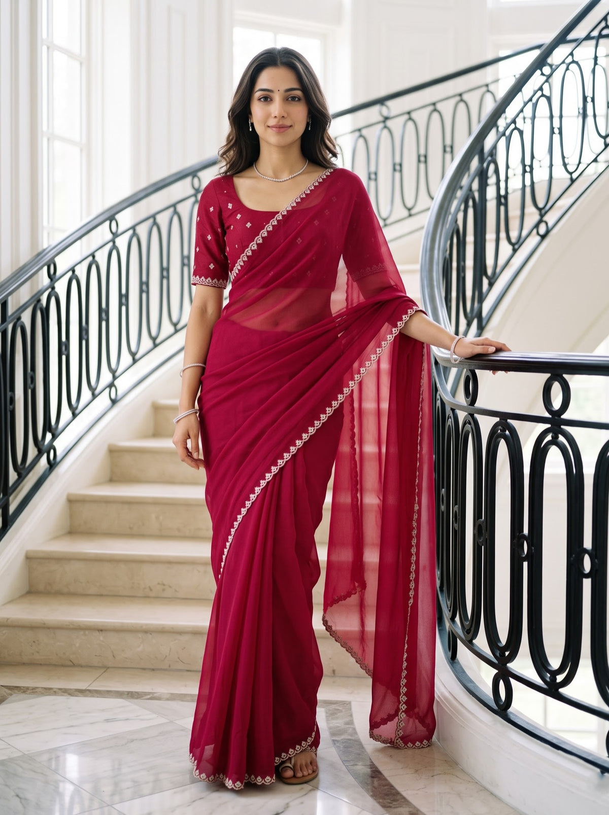 Chiffon Rani Pink Plain Saree with Stone Work Teardrop Scalloped Border