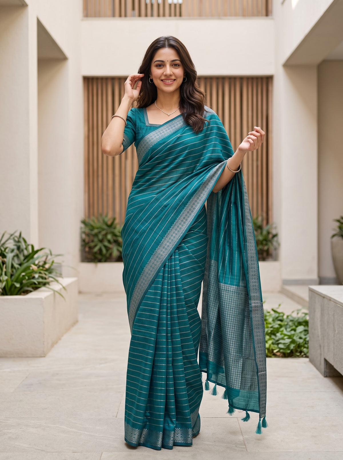 Matka Silk Peacock Green Silver Striped Dense Zari Motif