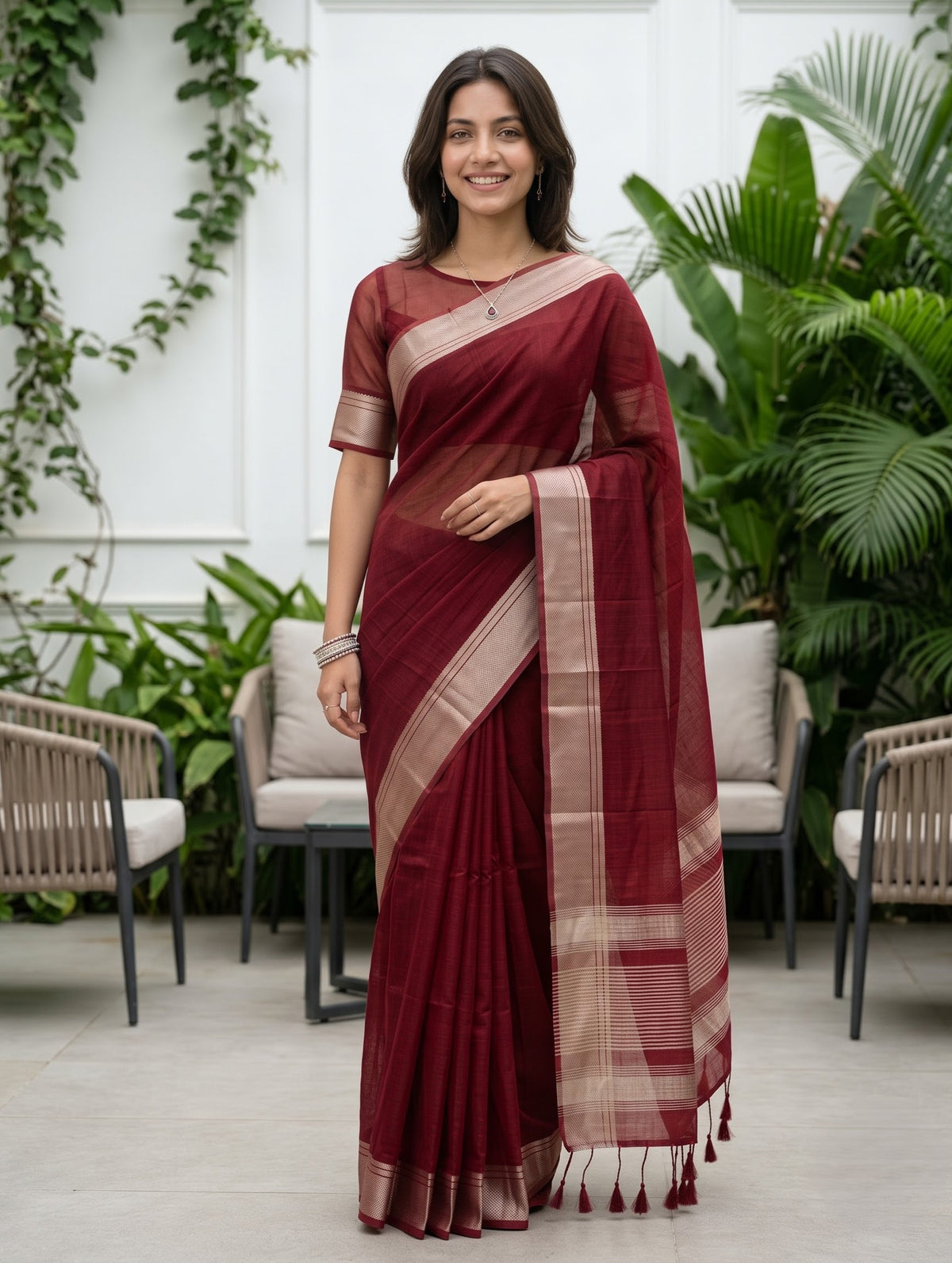 Organza Maroon Copper Striped Border Saree with Tassels