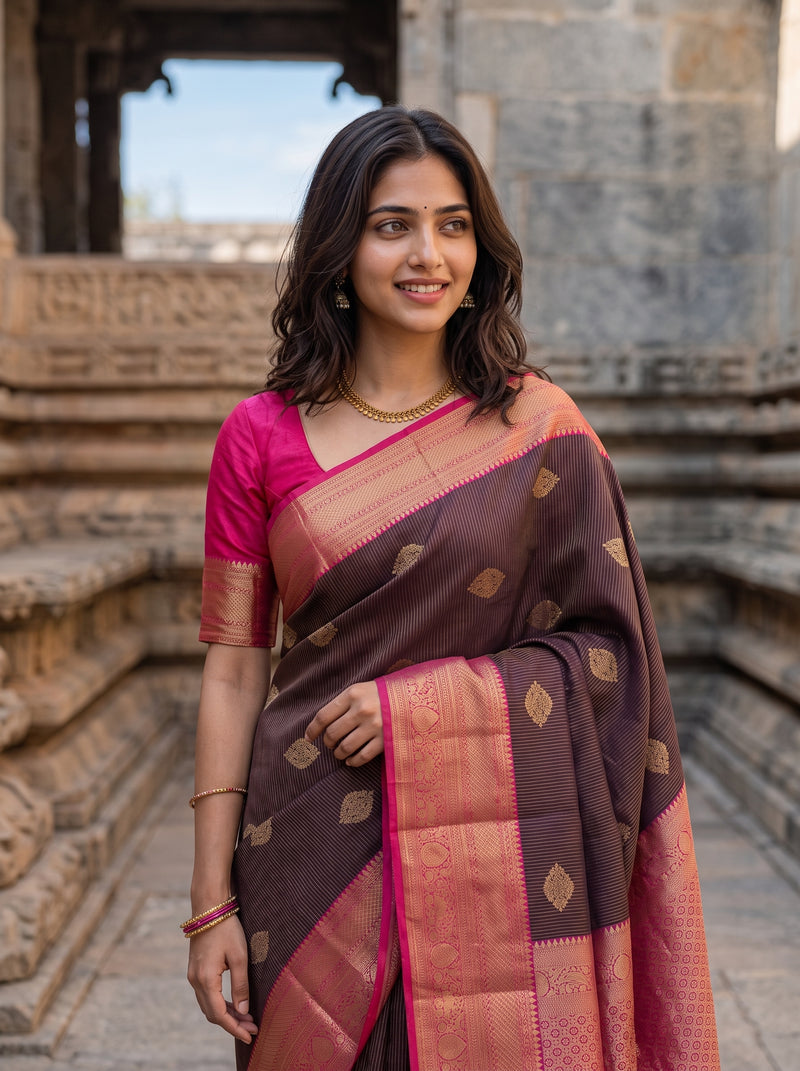 A woman wearing a dark brown and pink Banarasi silk saree with gold zari motifs, standing in front of a stone architectural background.