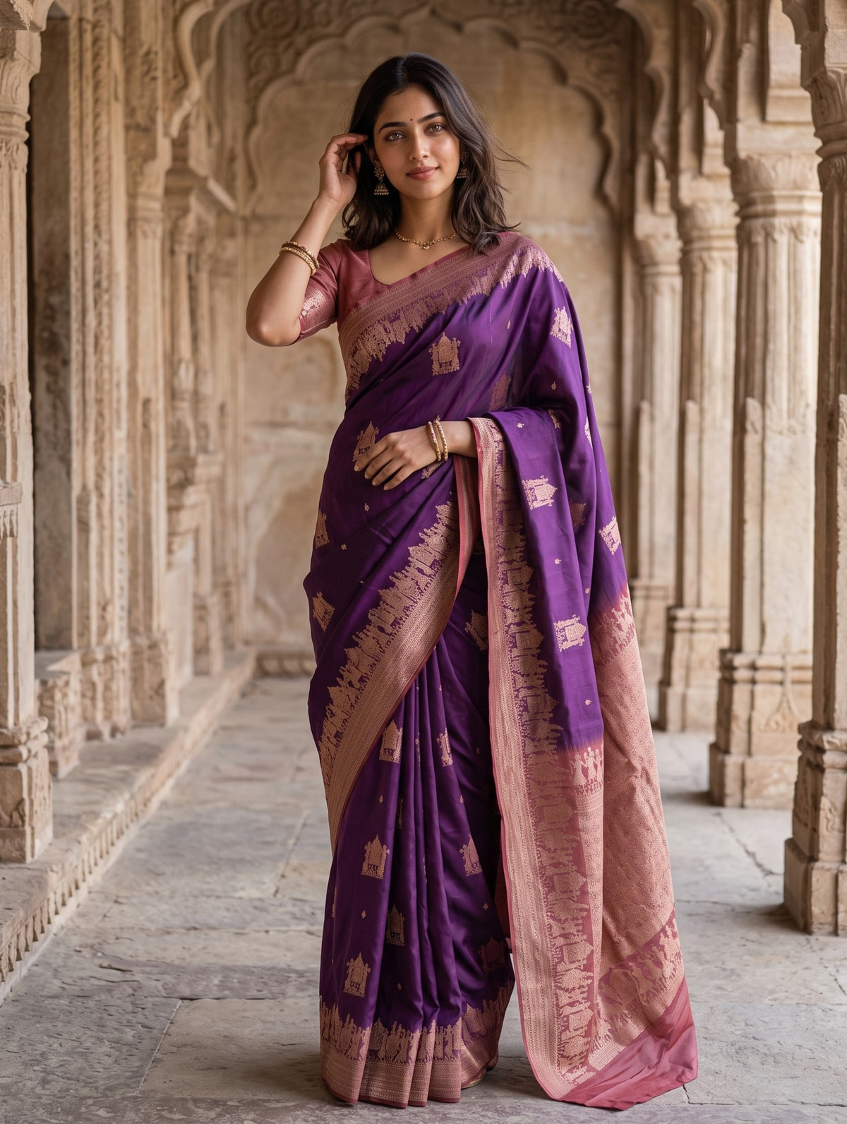 A woman wearing a purple and pink Banarasi silk saree with gold zari motifs, standing in a stone corridor with arches.