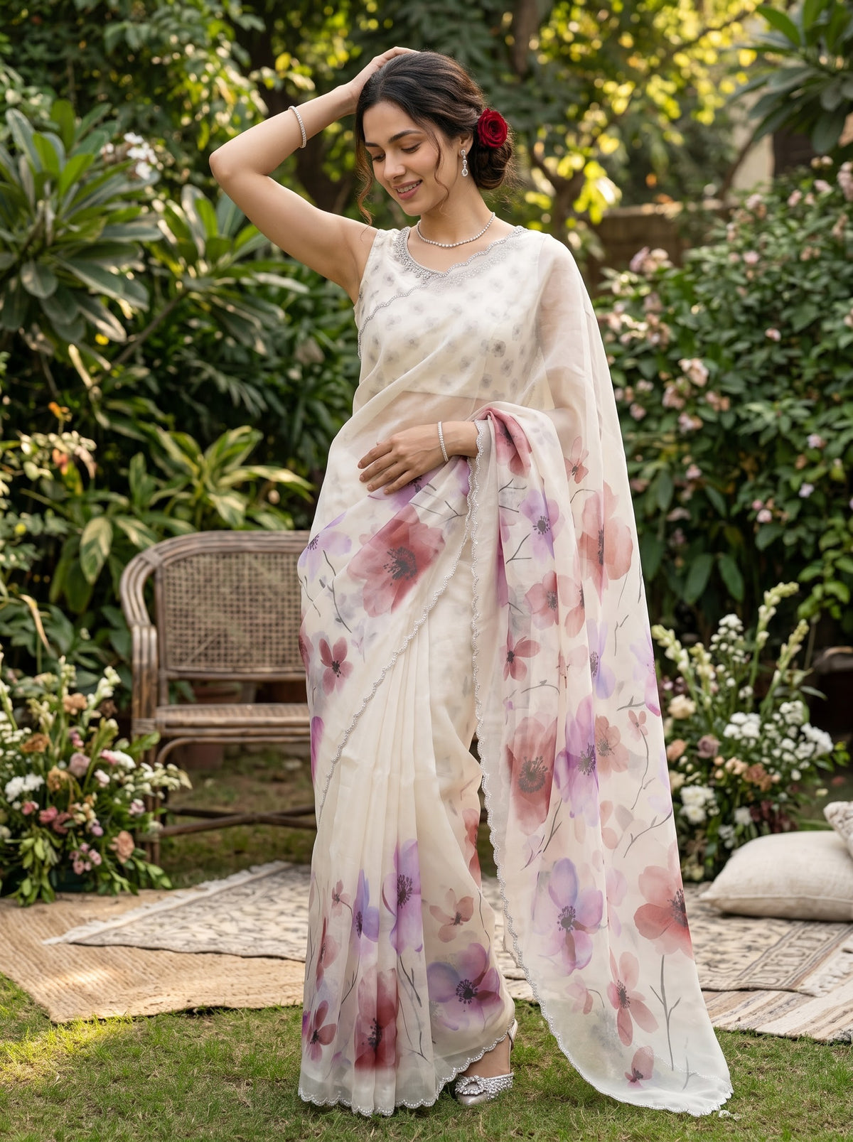Organza Cream Saree with Lavender Pink Watercolor Floral Print Pallu and Stone Scalloped Border