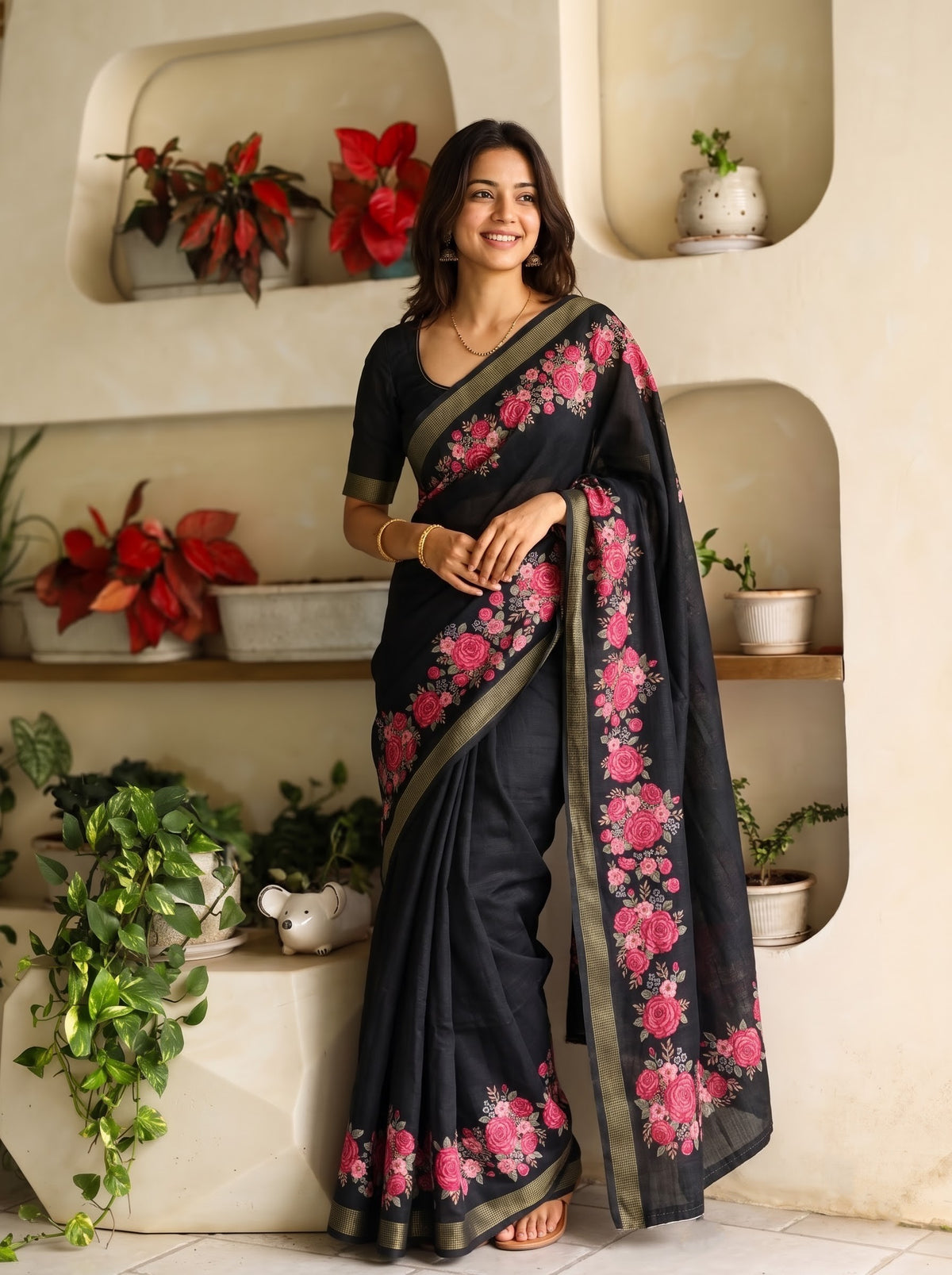 Semi Tussar Black Saree with Floral Rose Garden Print and Tasseled Pallu