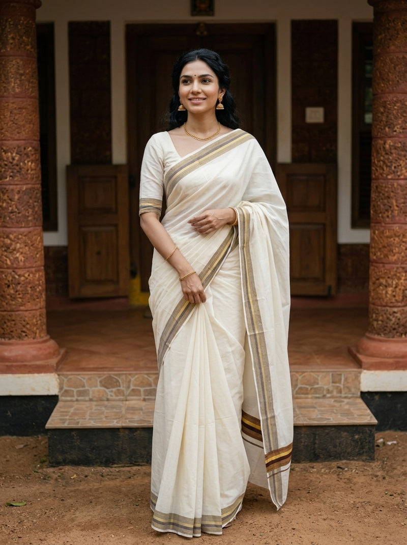 A woman wearing a cream-colored cotton saree with a beige and gold border, standing in front of a traditional building with carved pillars.
