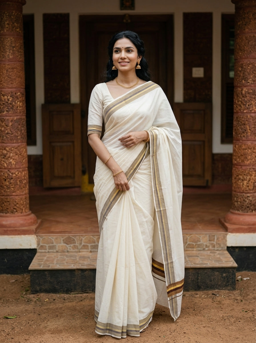 A woman wearing a cream-colored cotton saree with a beige and gold border, standing in front of a traditional building with carved pillars.
