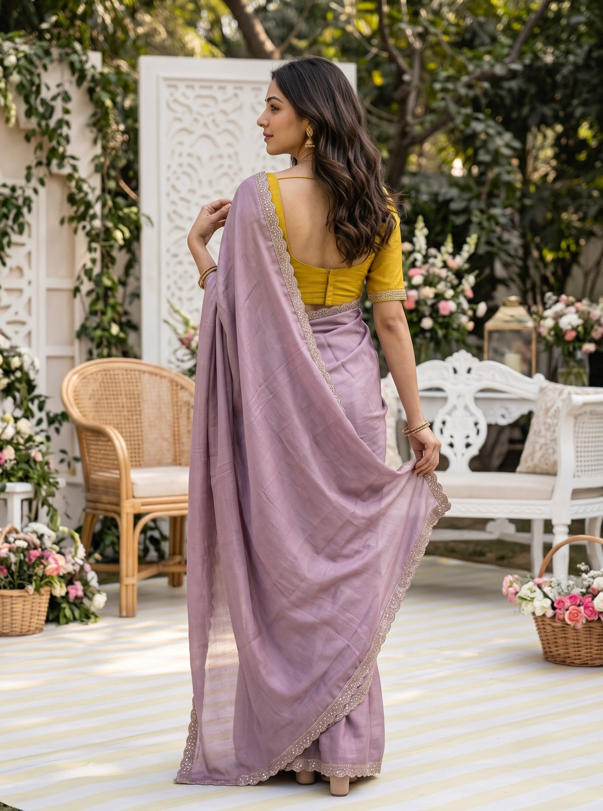 Satin Dusty Mauve Solid Saree with Glitter Sequin Cutwork Border