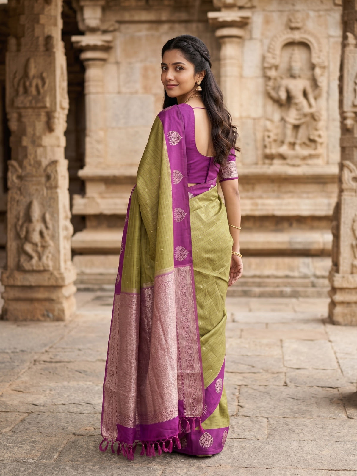A woman wearing a traditional Indian saree stands in front of a stone temple structure. The saree has a light olive green body with a magenta-purple border and pallu, paired with a matching magenta-purple blouse.
