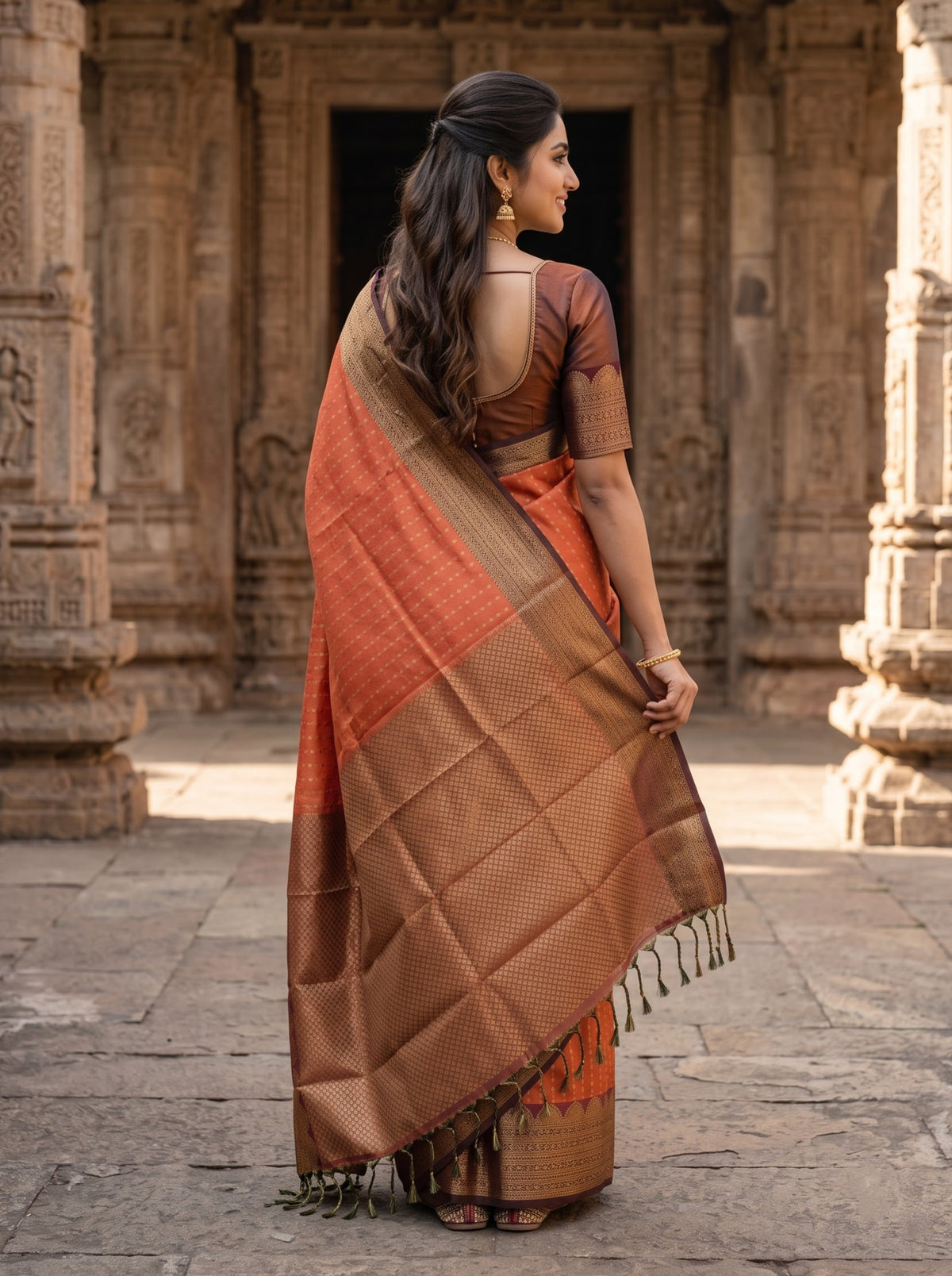 Semi Silk Rust Orange Saree with Copper Zari Lattice Woven Pallu and Diamond Buttas