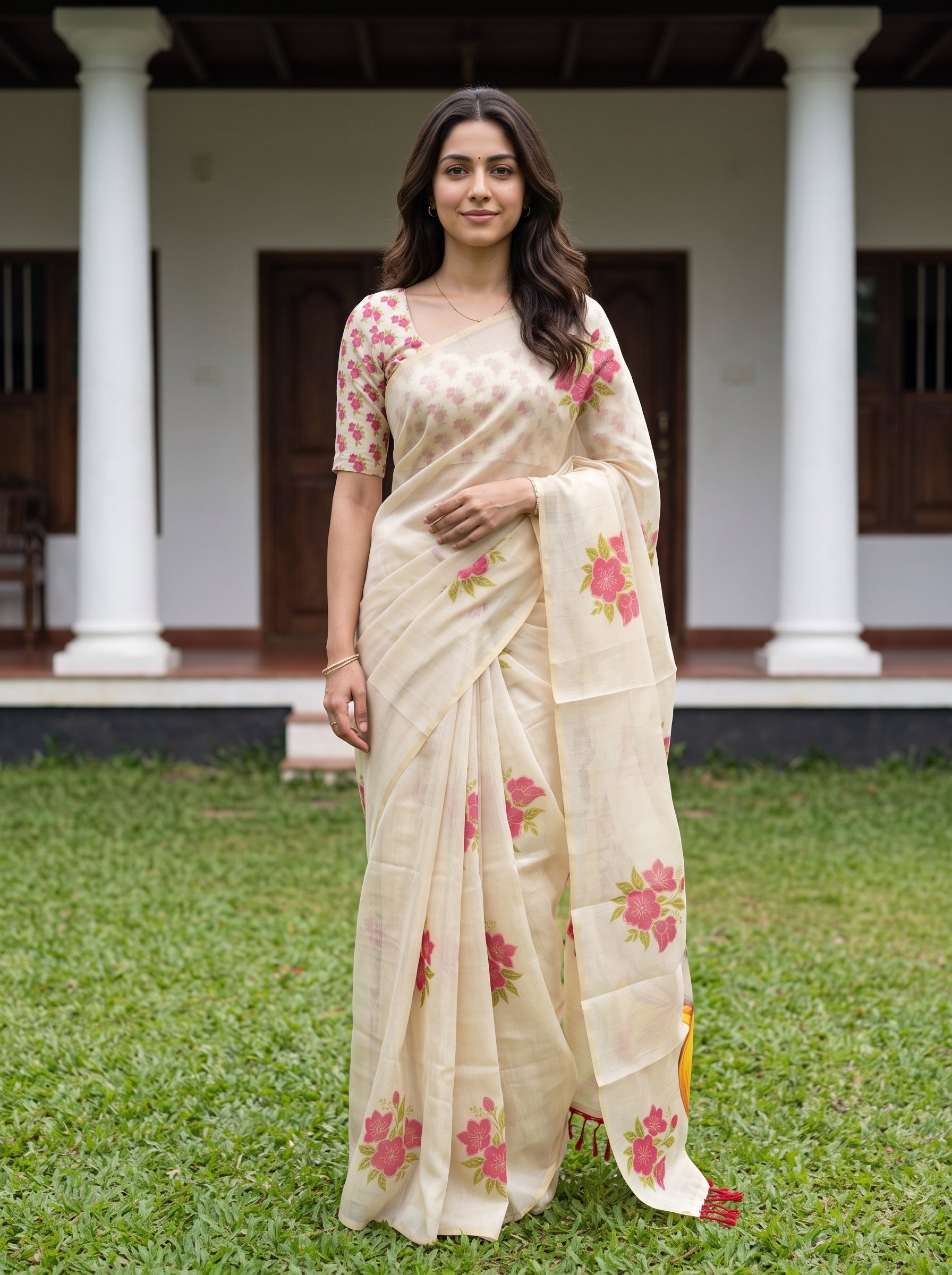 A woman wearing a cream-colored saree with pink floral prints and a matching printed blouse, standing outdoors on a green lawn in front of a building with white columns.
