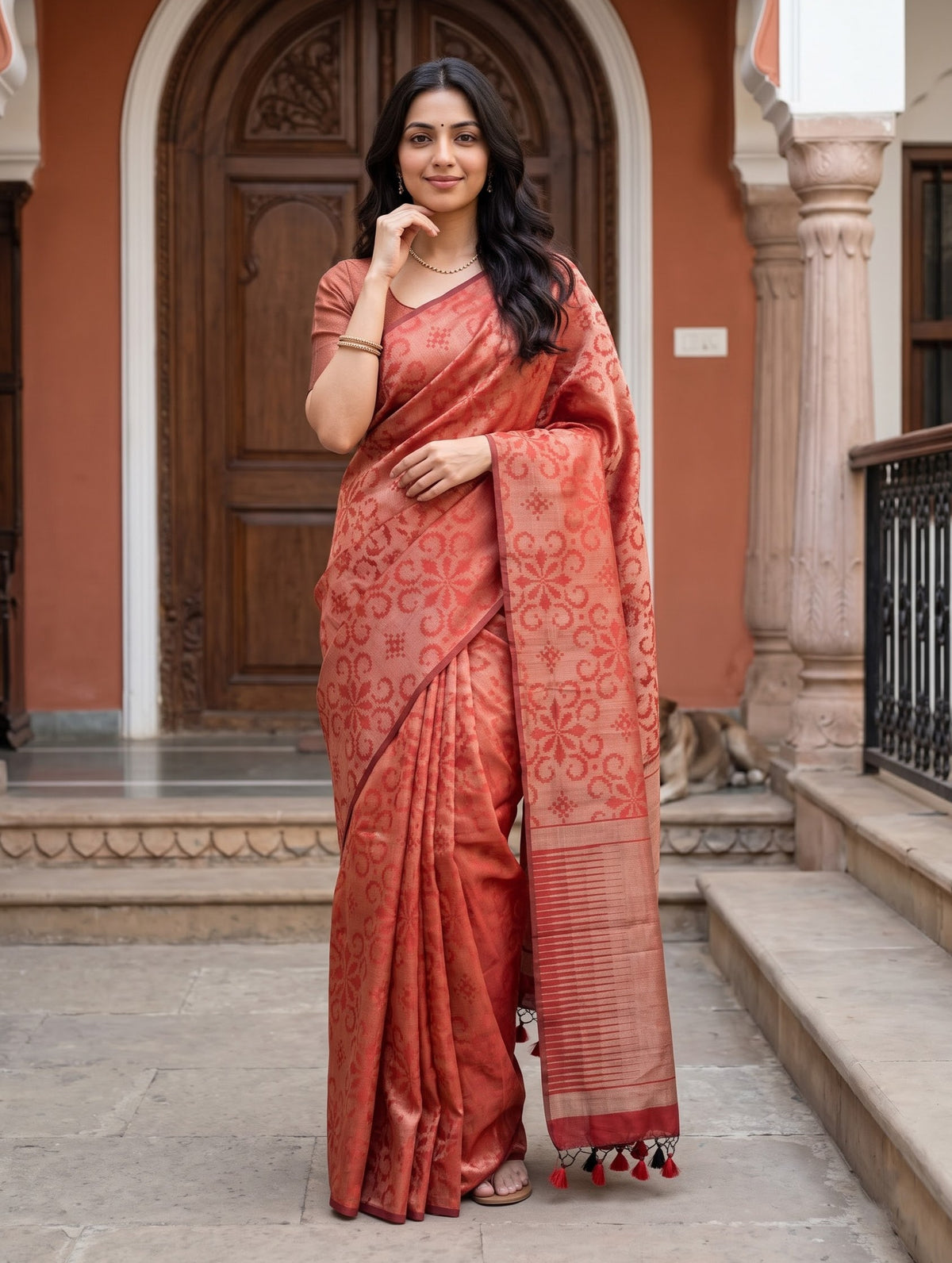 Matka Silk Red Golden Zari Floral Motif Striped Pallu