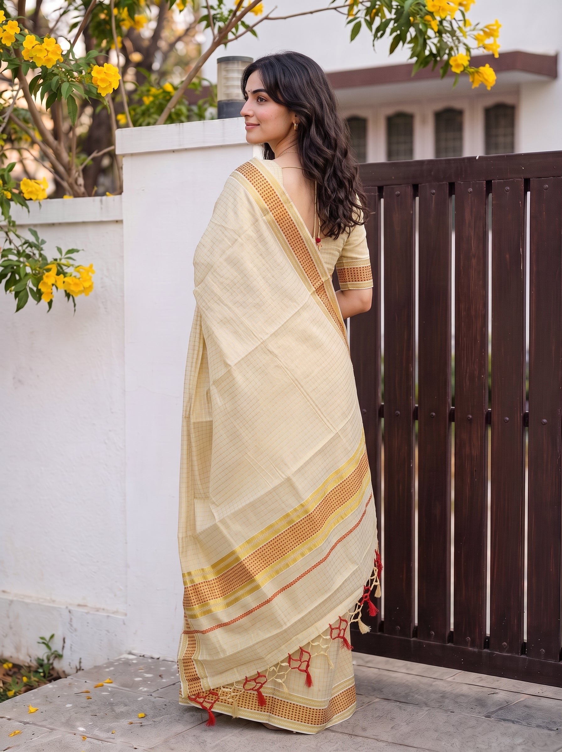A woman wearing a light beige cotton saree with orange and yellow stripes, standing outdoors next to a dark brown wooden gate and a white wall with yellow flowers.