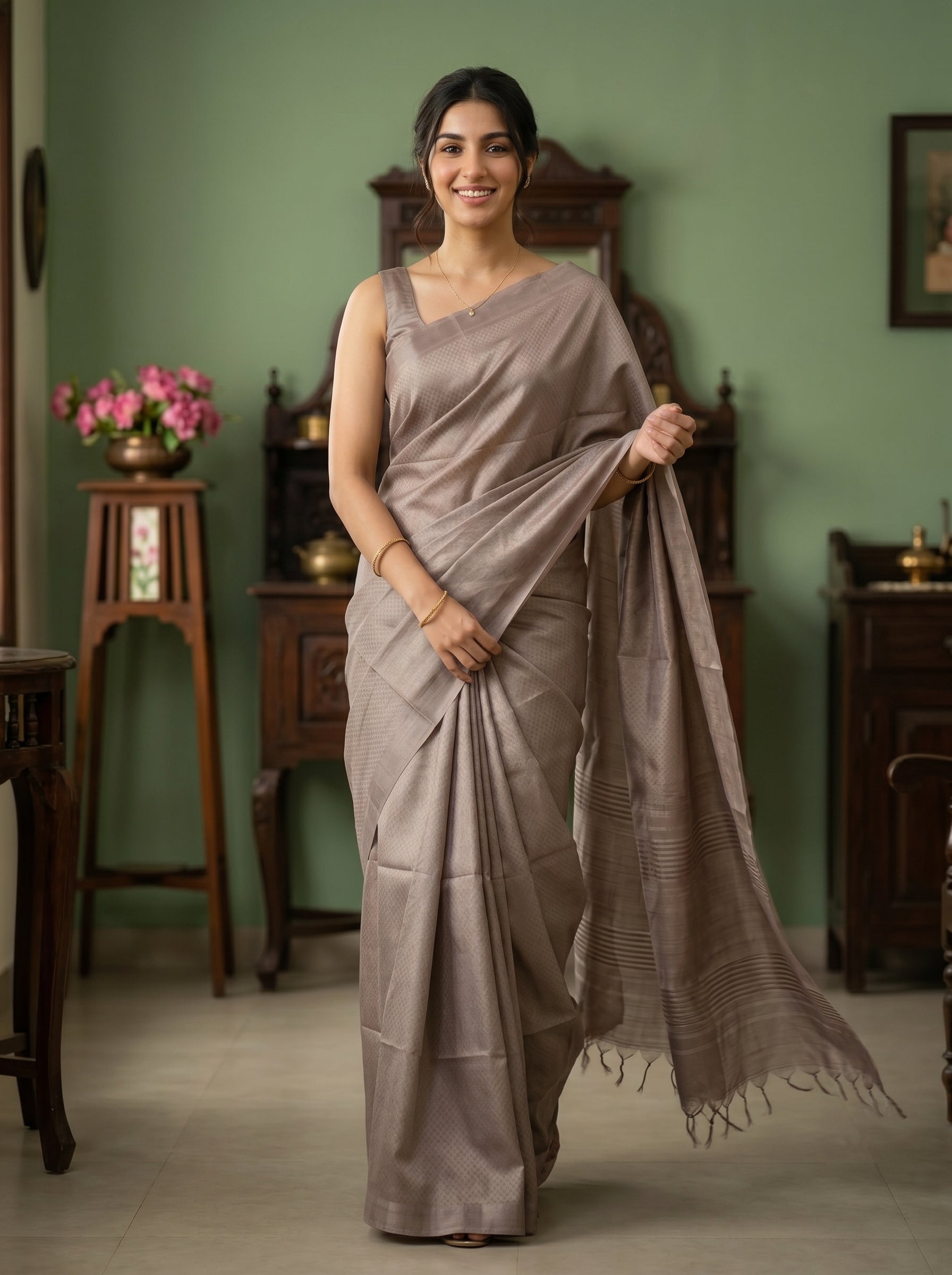 Woman in a gray saree standing in a room with green walls and wooden furniture.