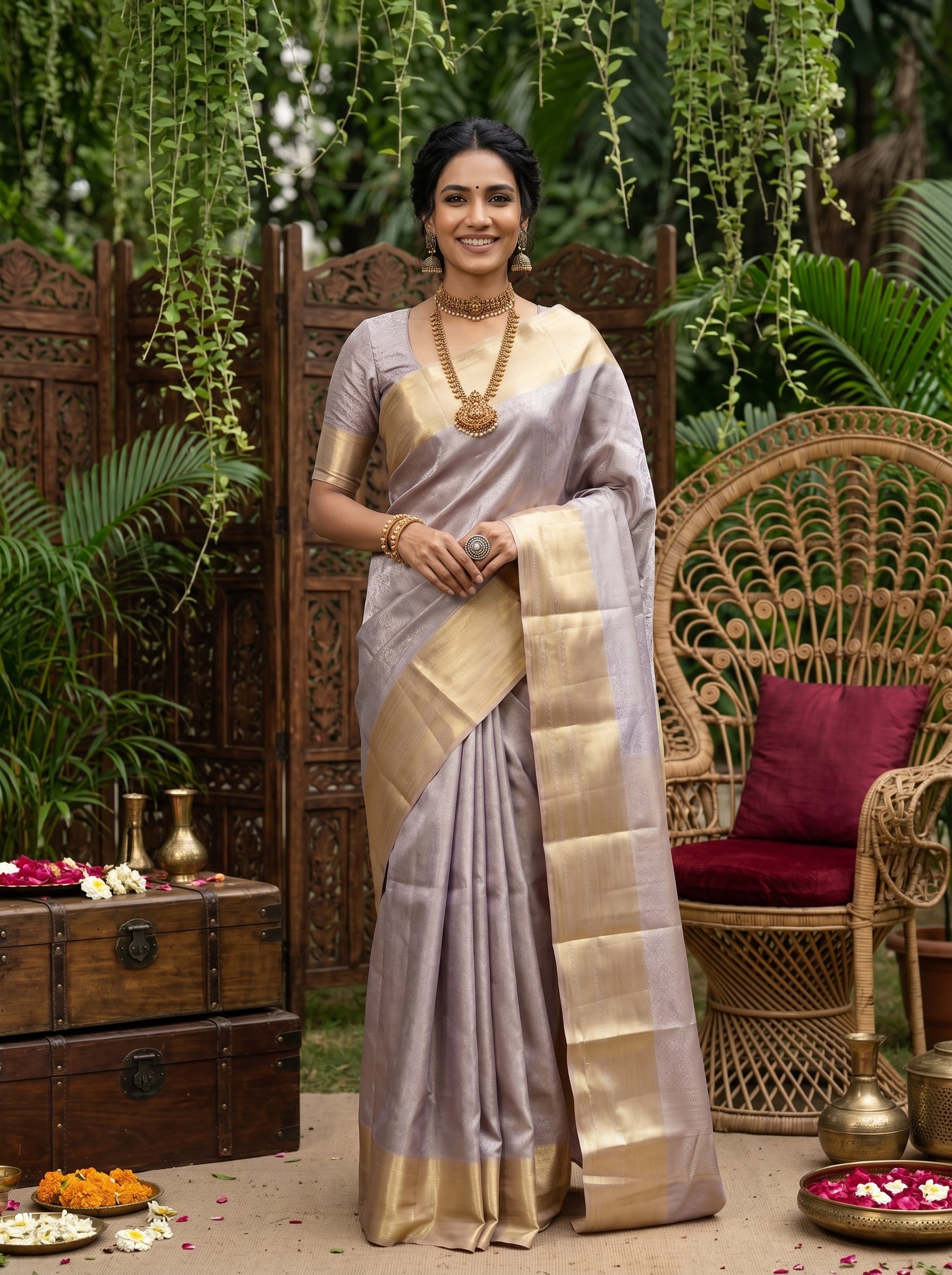Woman in a traditional saree standing in an outdoor setting with plants and furniture.
