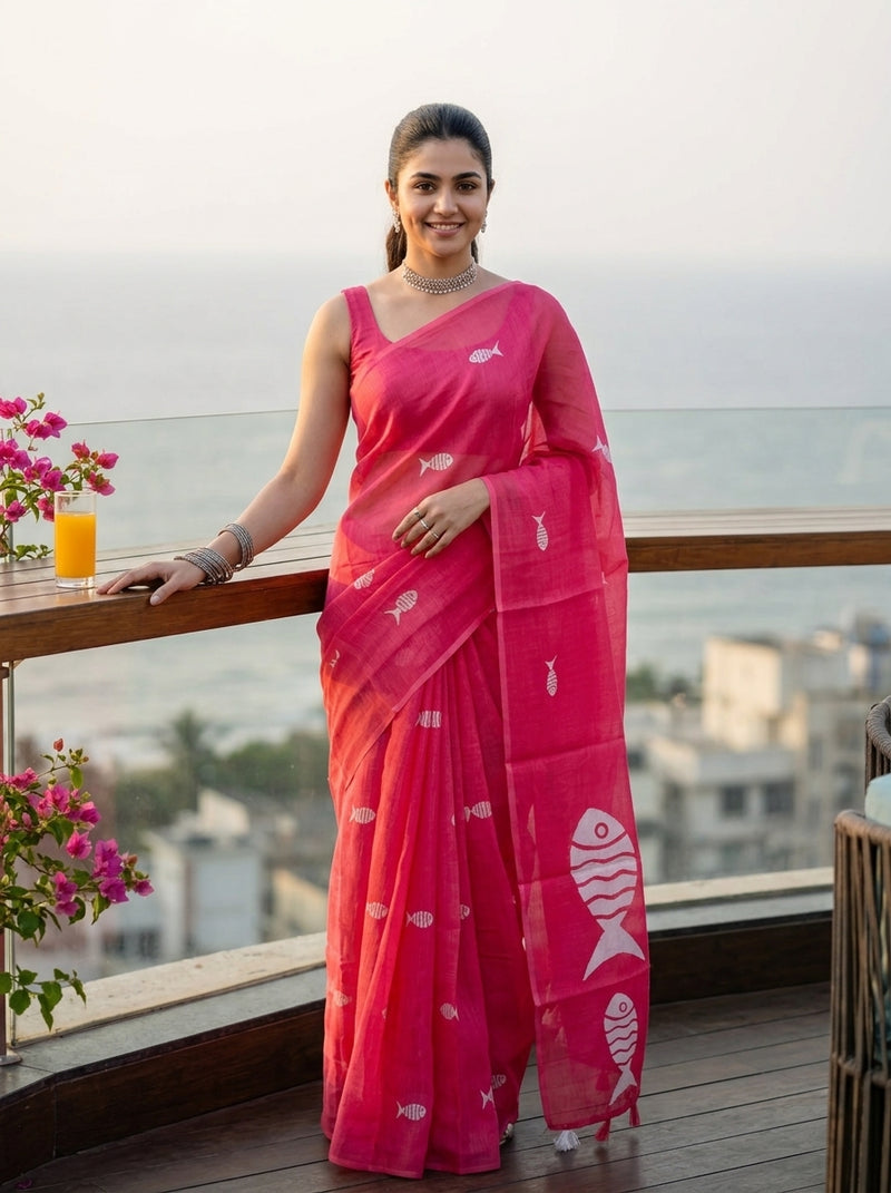 Woman in a pink saree with fish patterns on a balcony with a cityscape view.